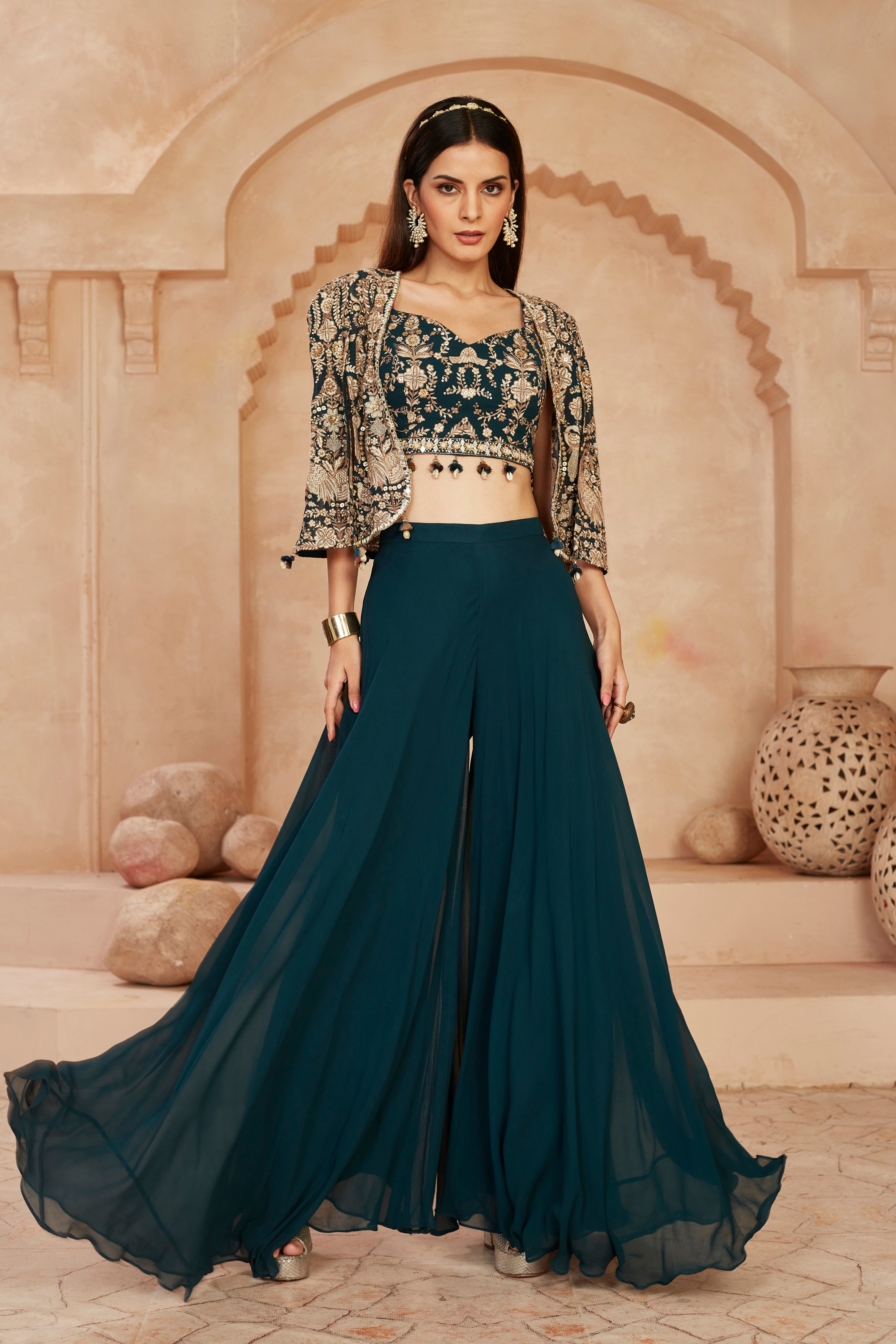 Teal Embellished Georgette Silk Cape Set
