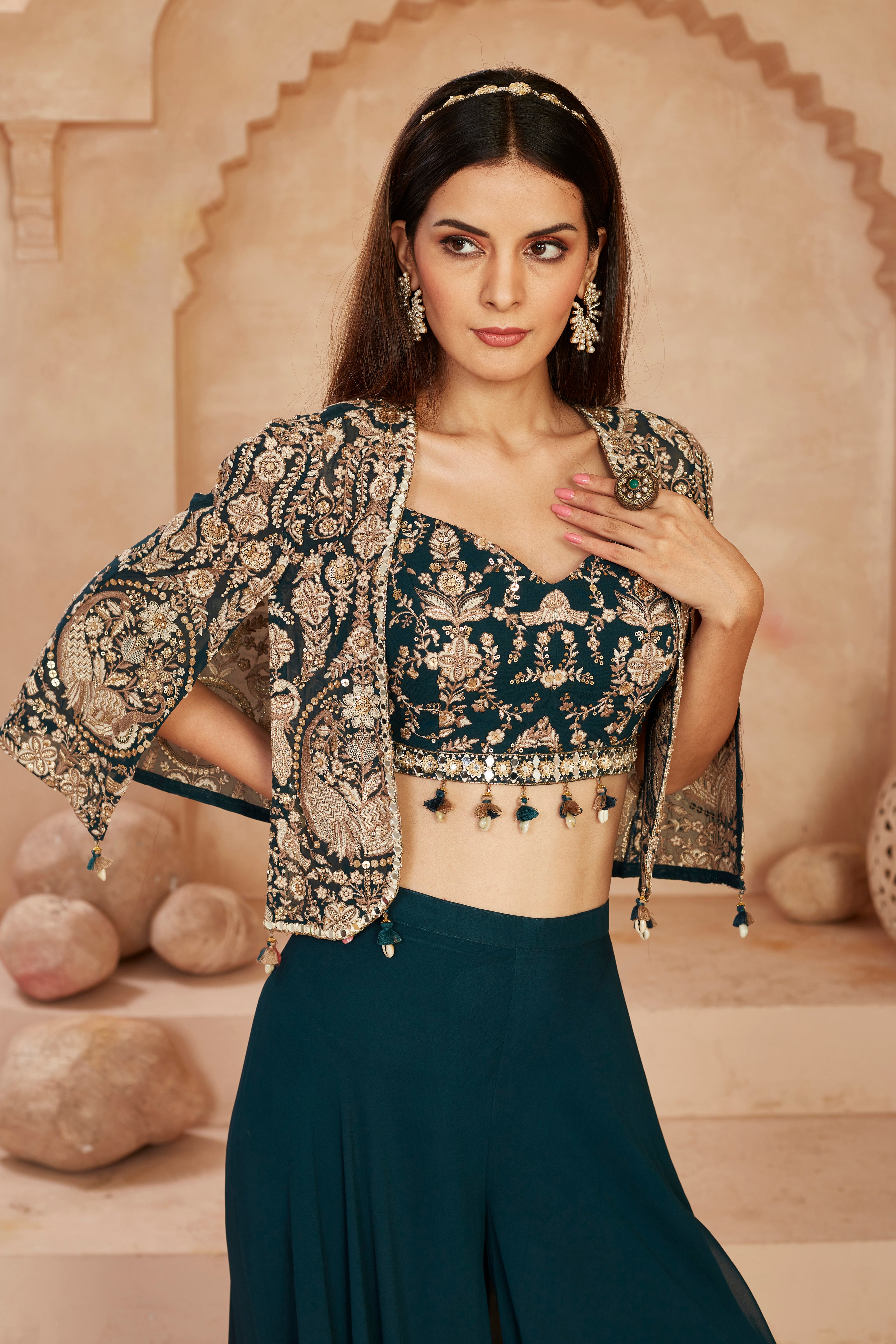 Teal Embellished Georgette Silk Cape Set