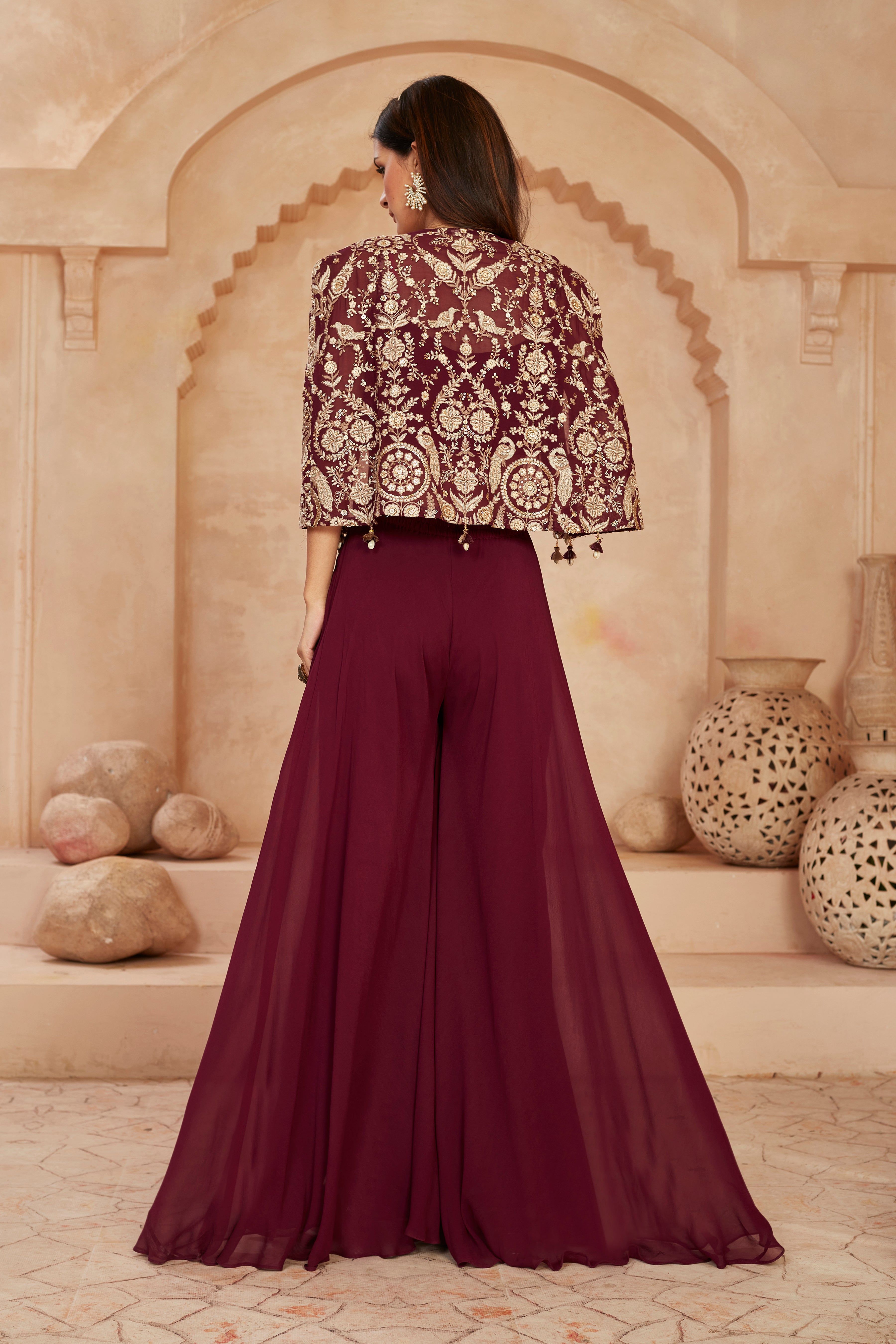 Wine Embellished Georgette Silk Cape Set