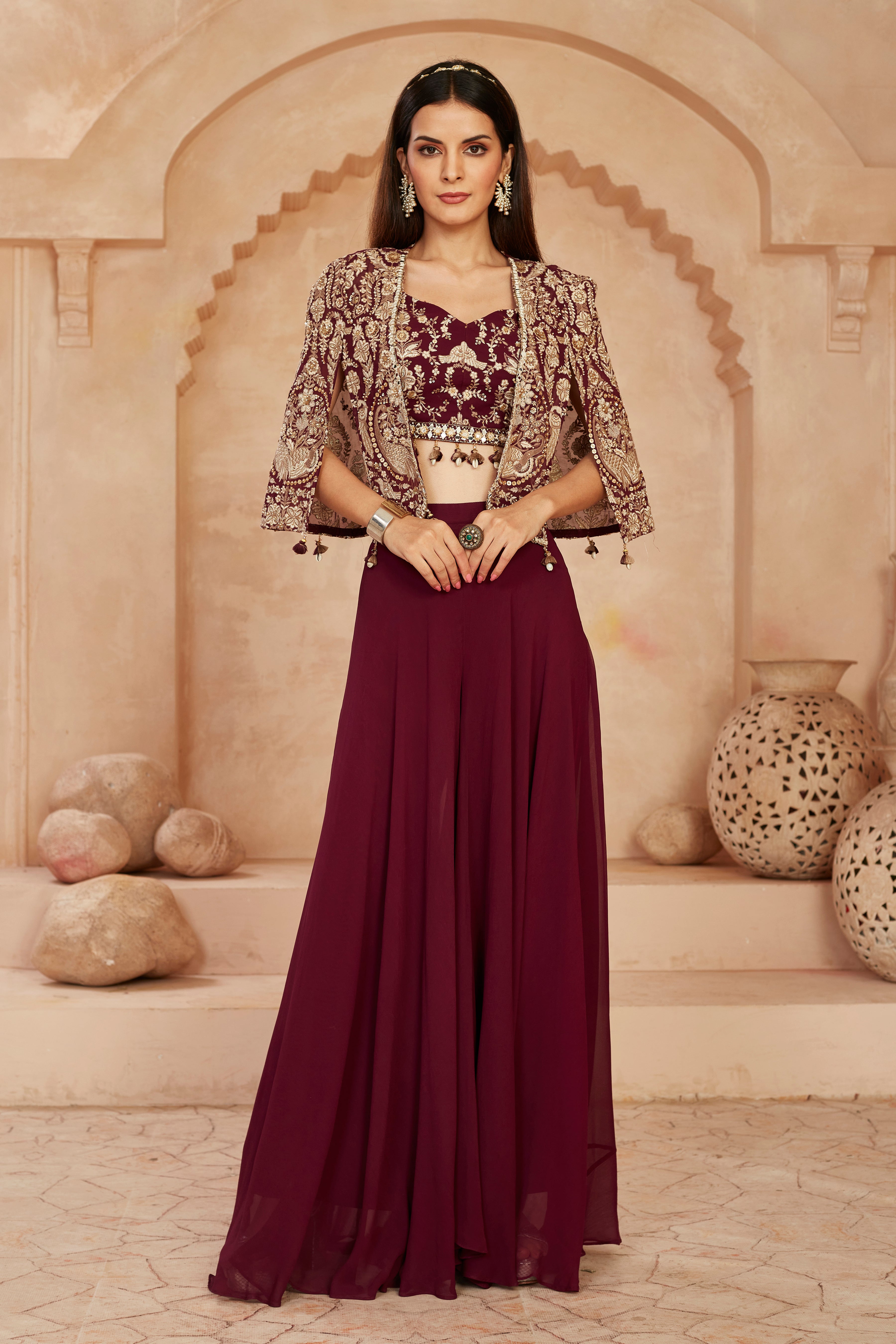 Wine Embellished Georgette Silk Cape Set