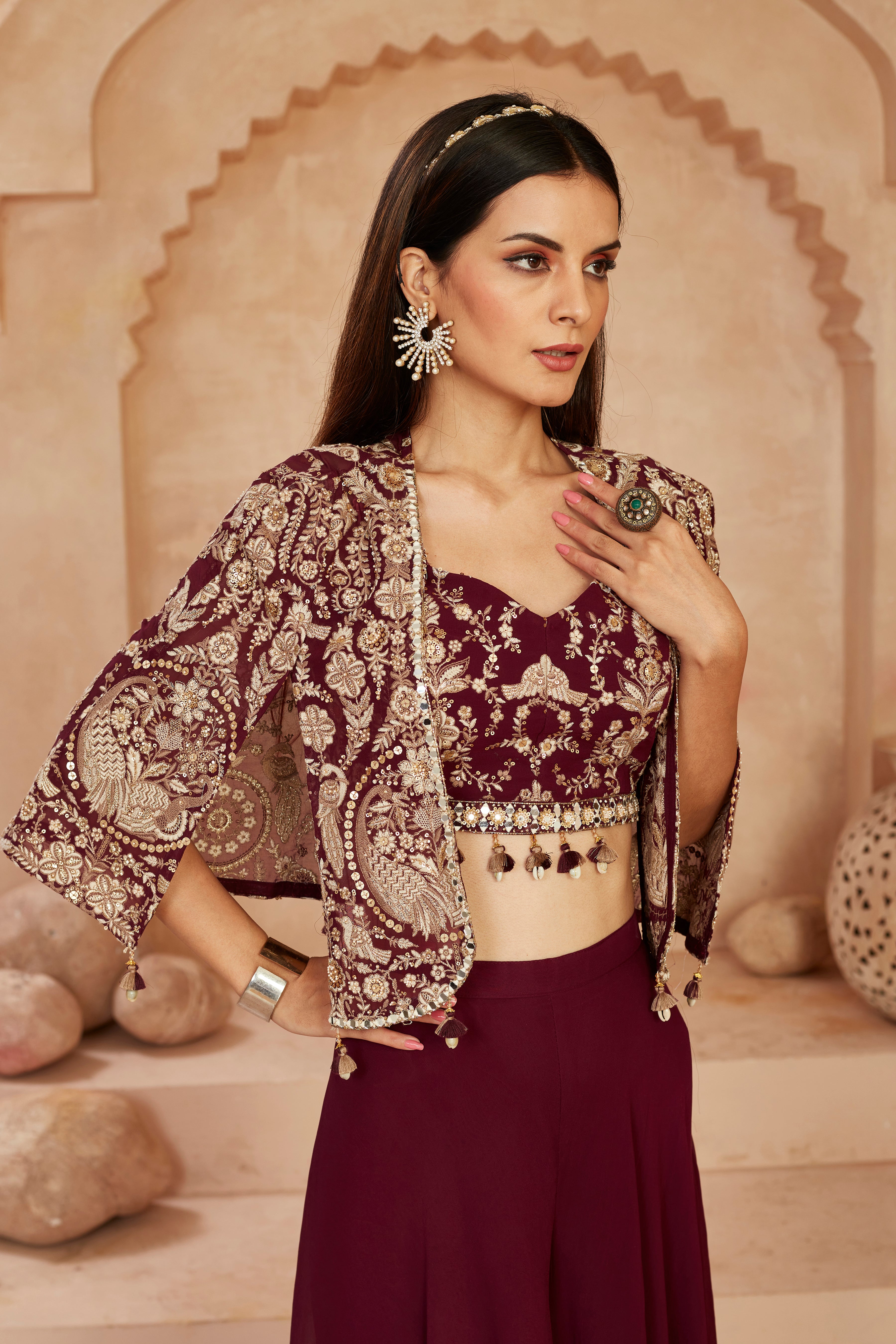 Wine Embellished Georgette Silk Cape Set