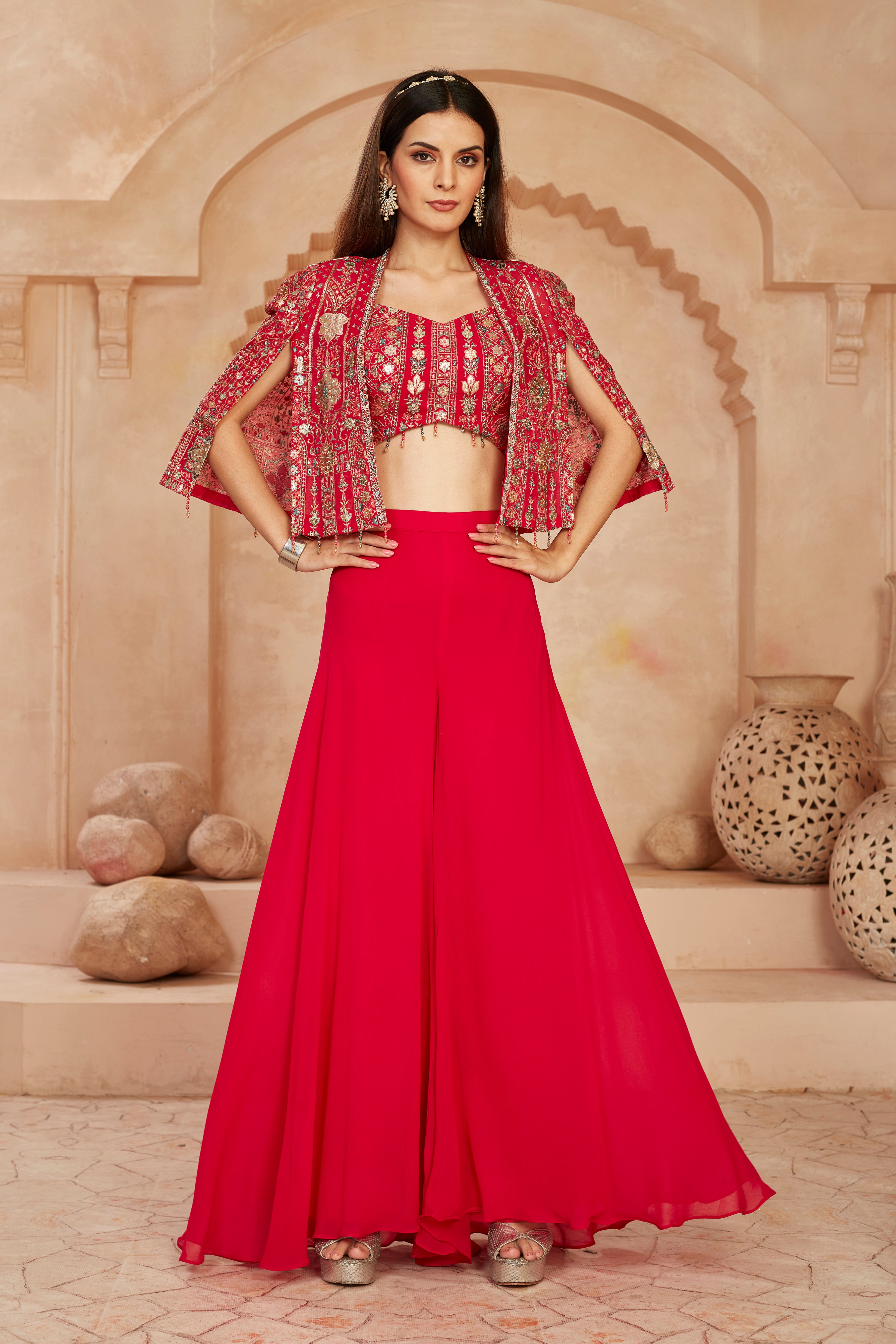 Red Embellished Georgette Silk Cape Set
