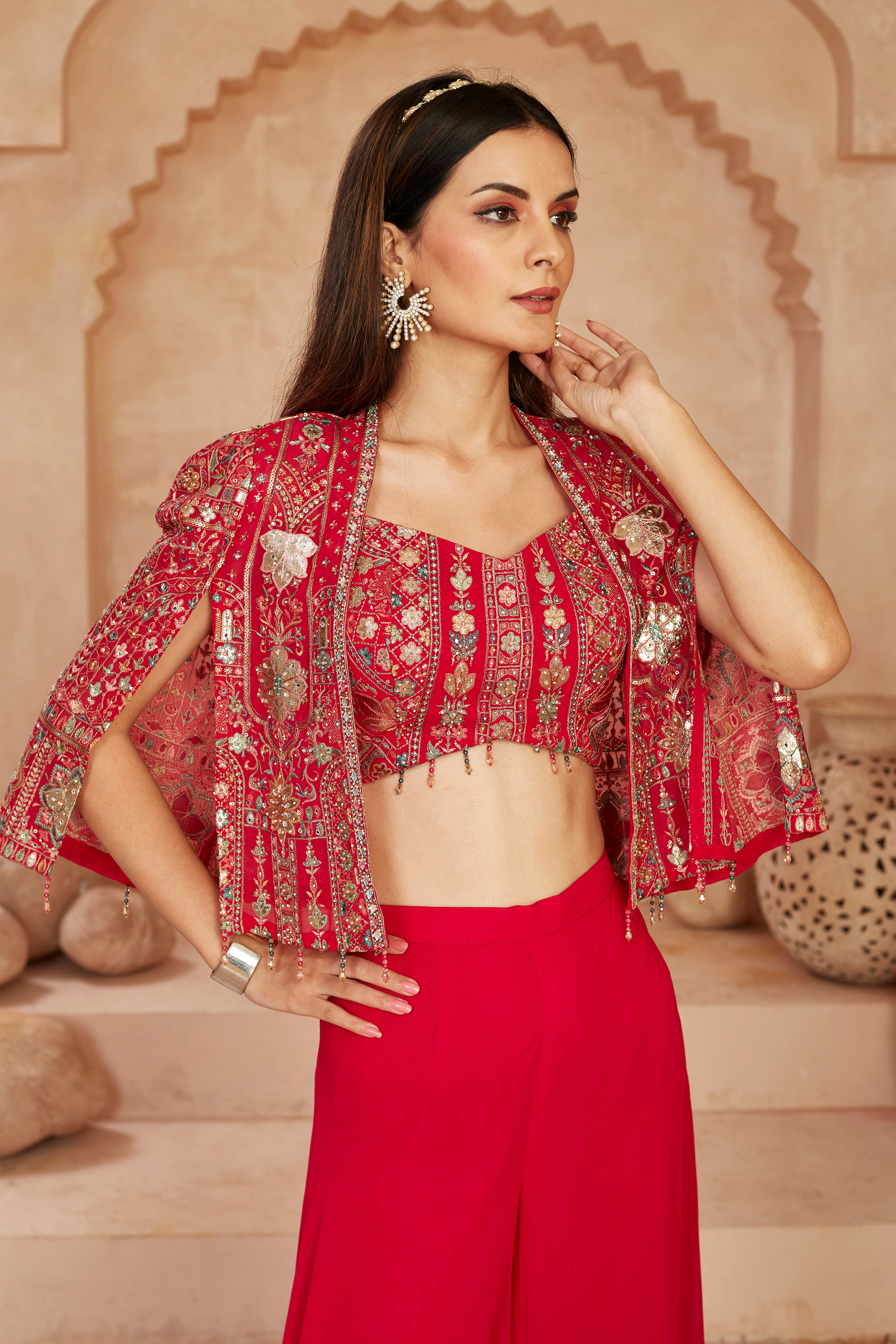 Red Embellished Georgette Silk Cape Set