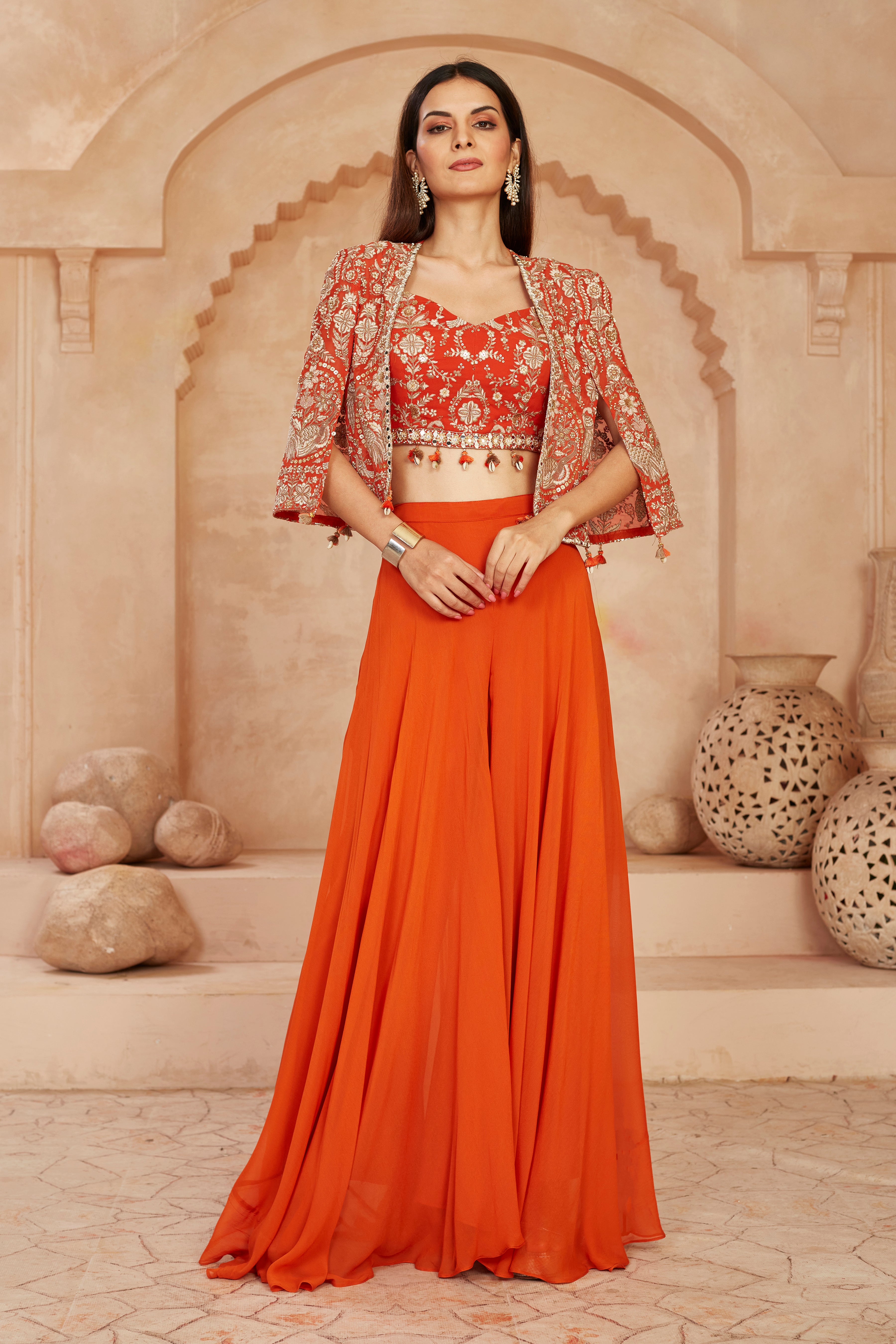 Orange Embellished Georgette Silk Cape Set