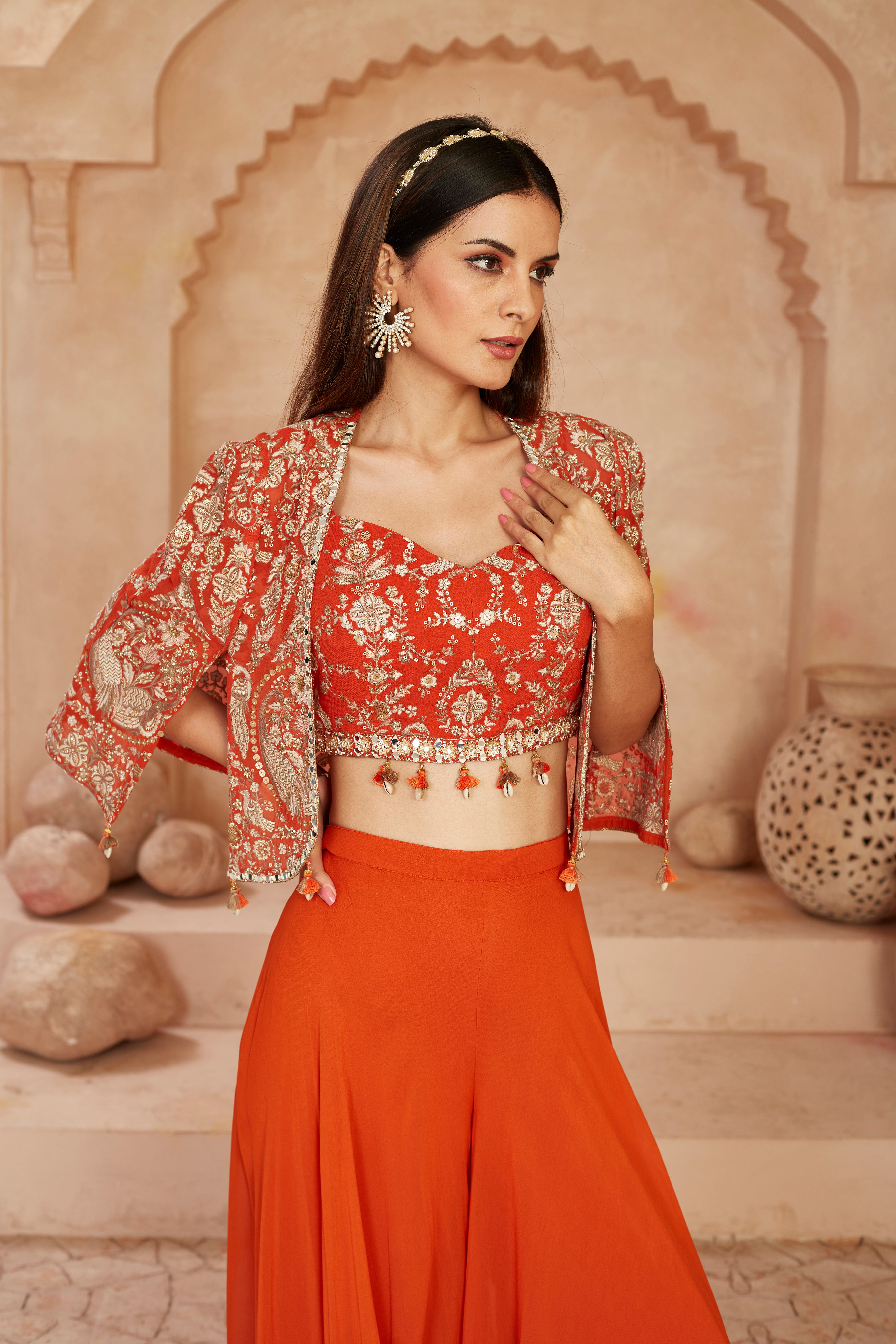Orange Embellished Georgette Silk Cape Set