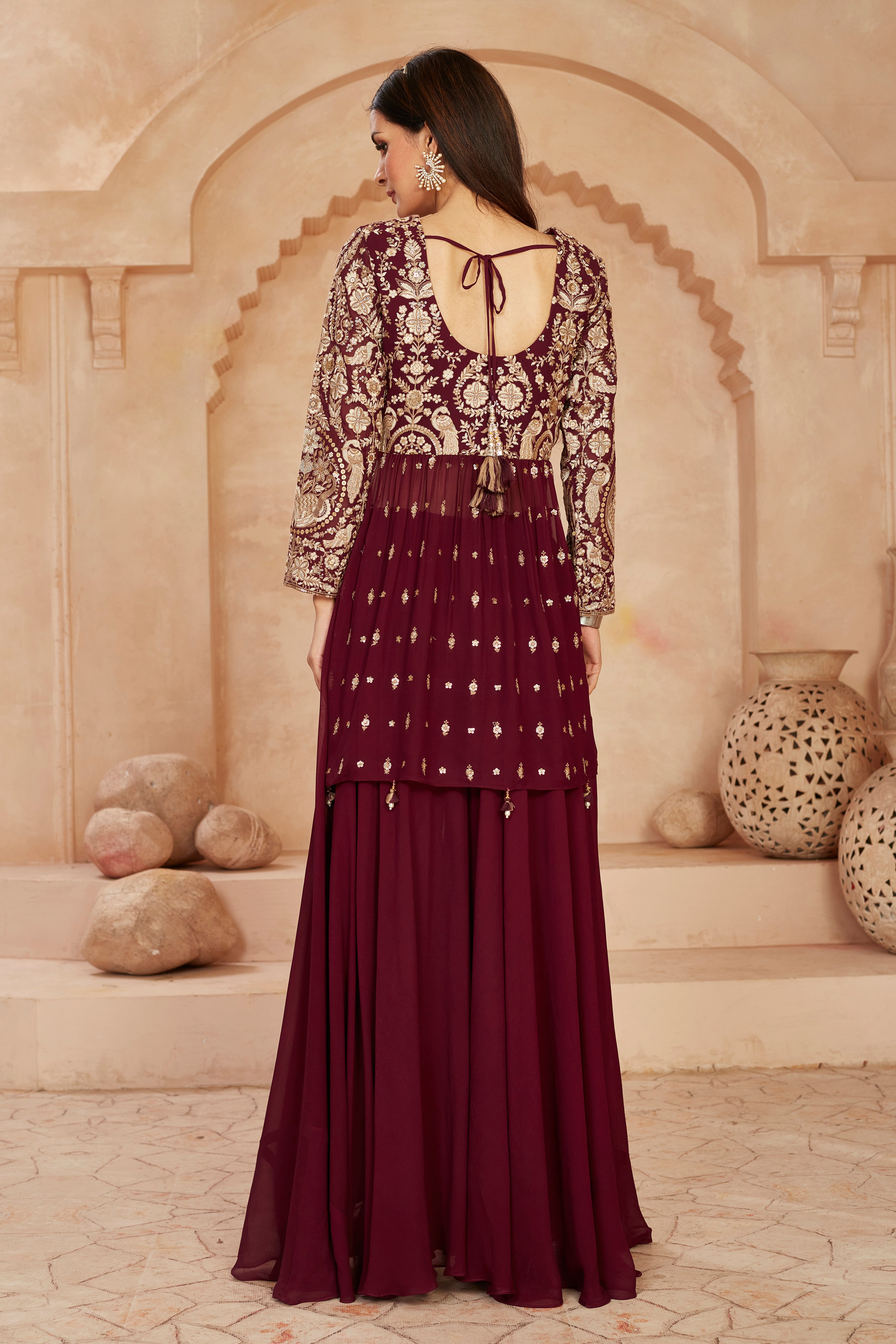 Wine Golden Tissue Glass Silk Palazzo Set