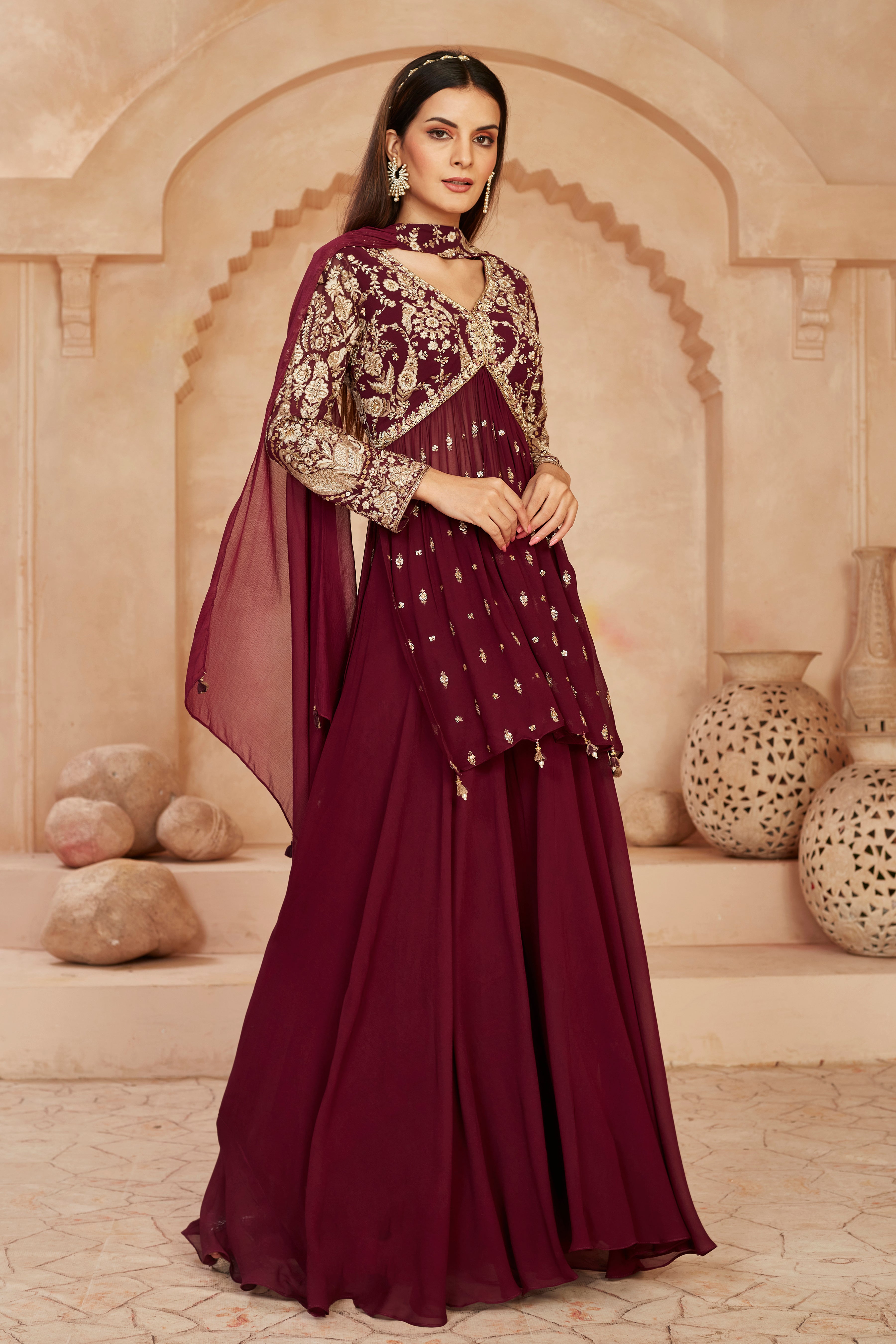 Wine Golden Tissue Glass Silk Palazzo Set