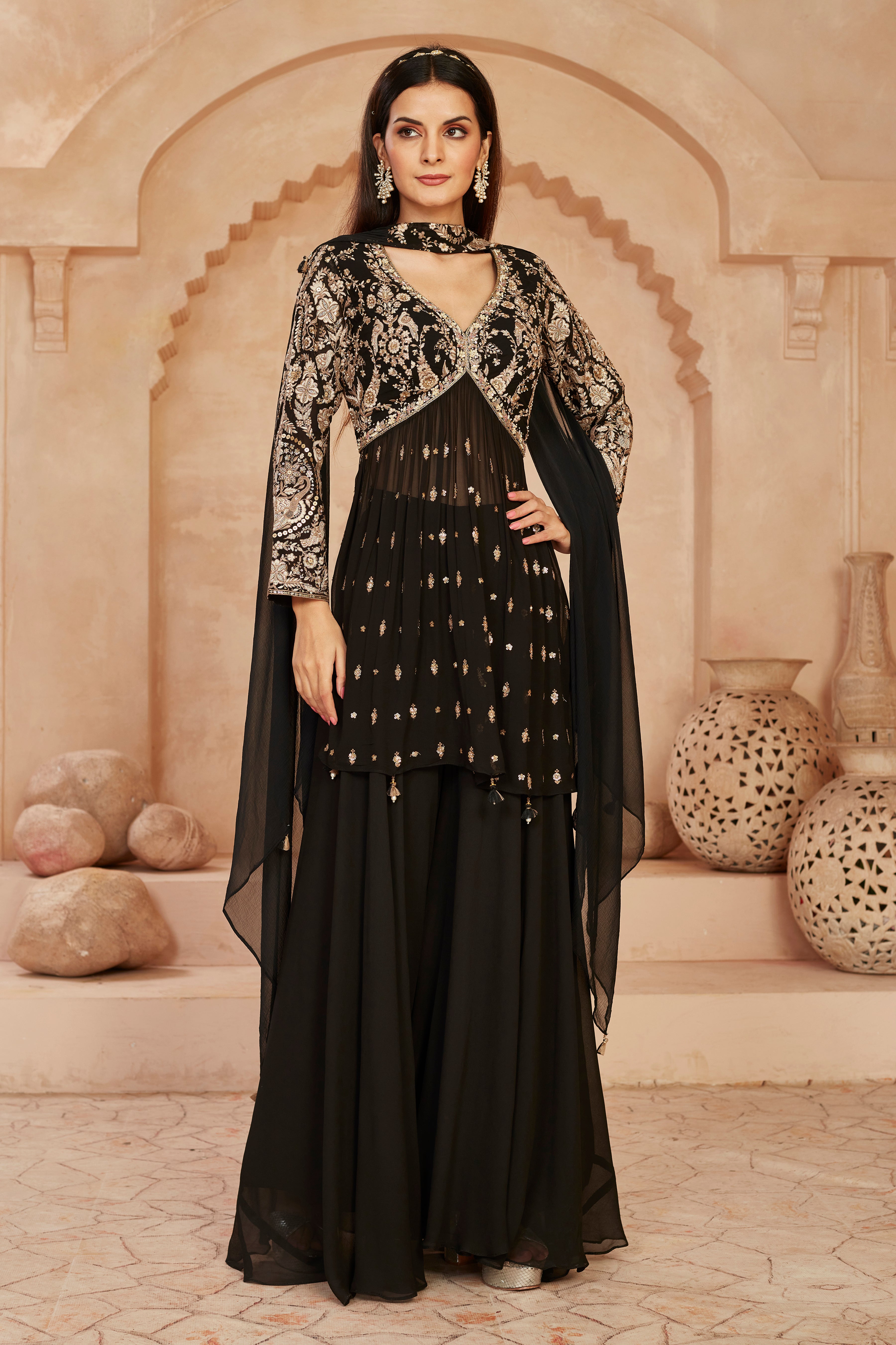 Black Golden Tissue Glass Silk Palazzo Set