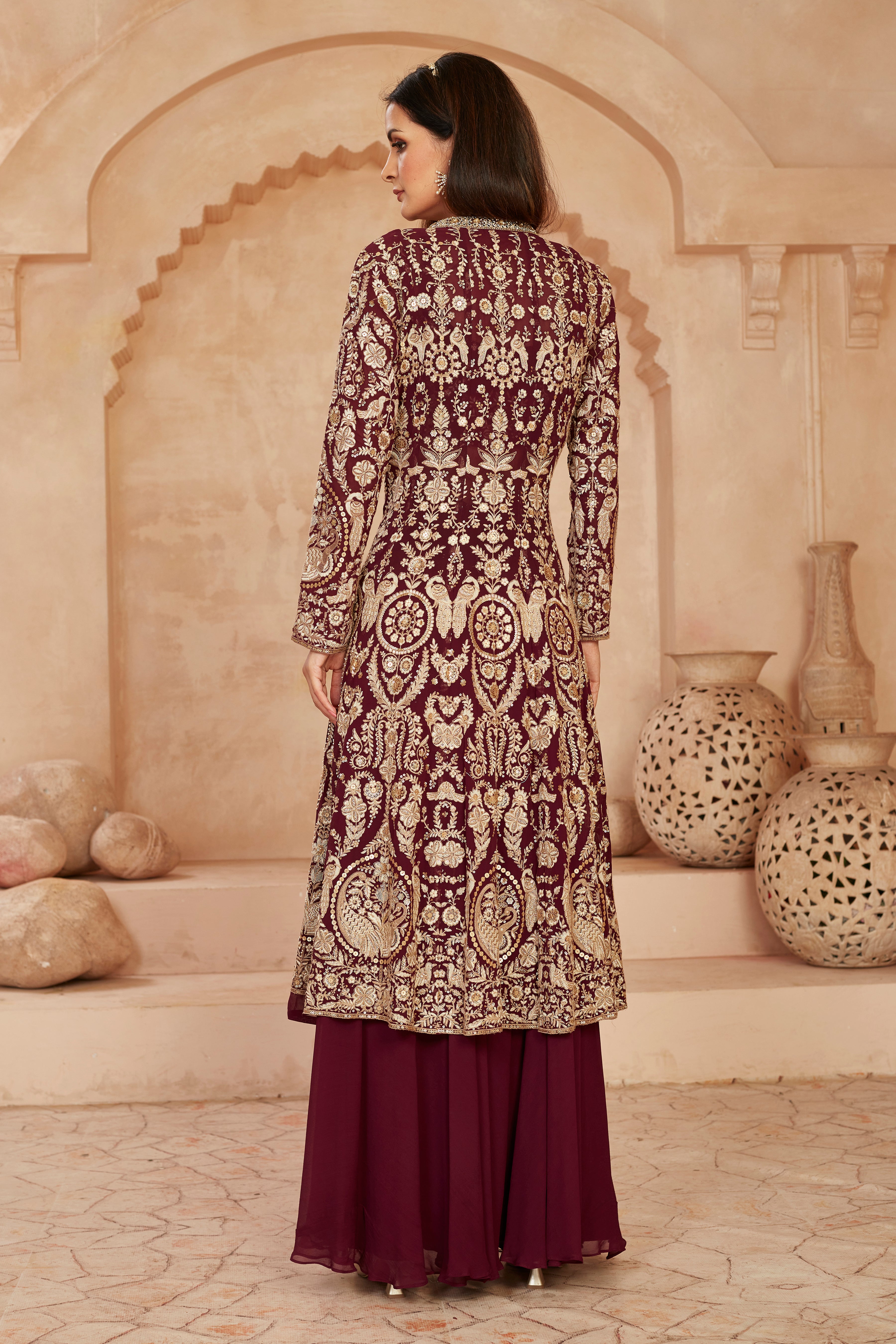 Wine Embellished Georgette Silk Cape Set