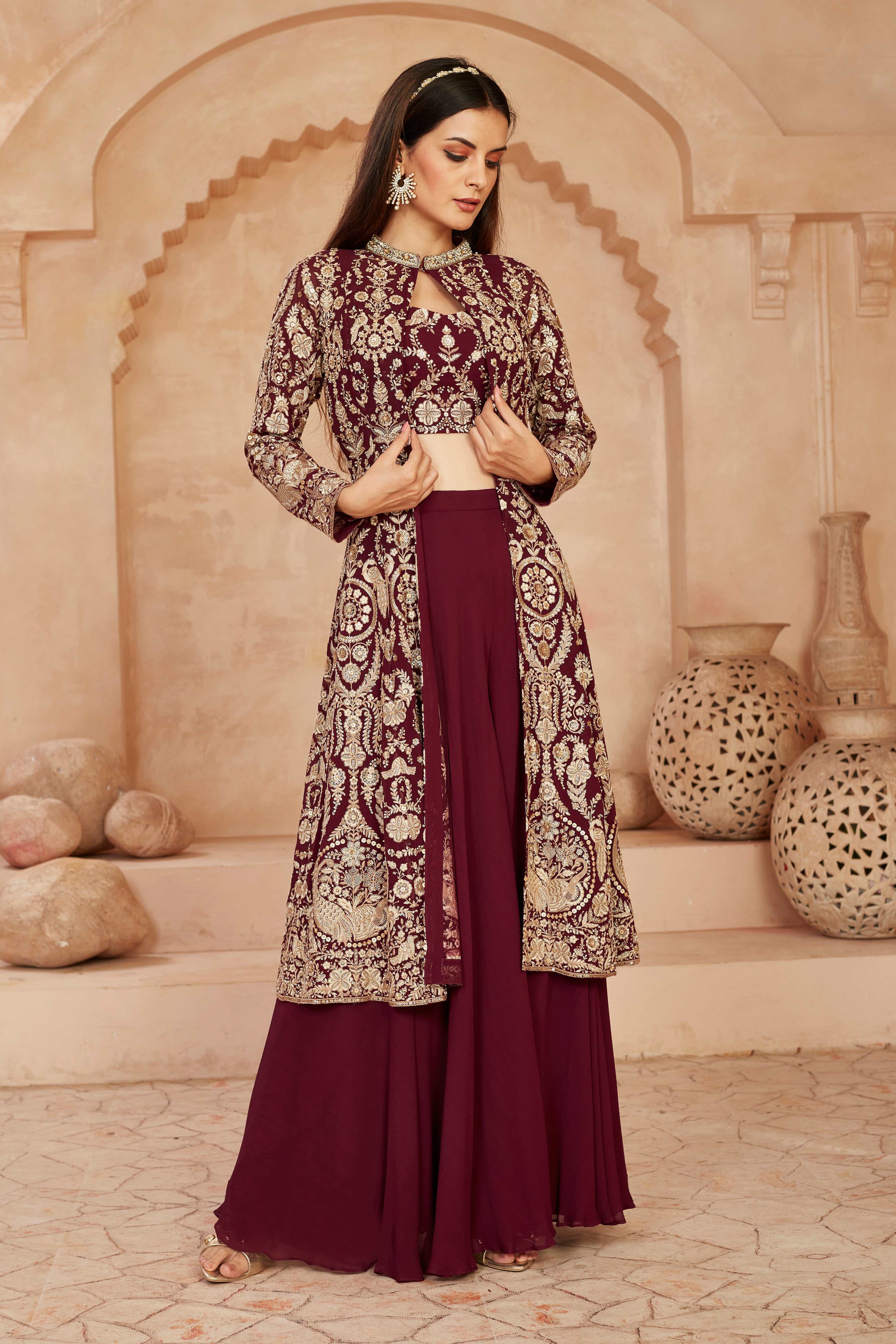 Wine Embellished Georgette Silk Cape Set