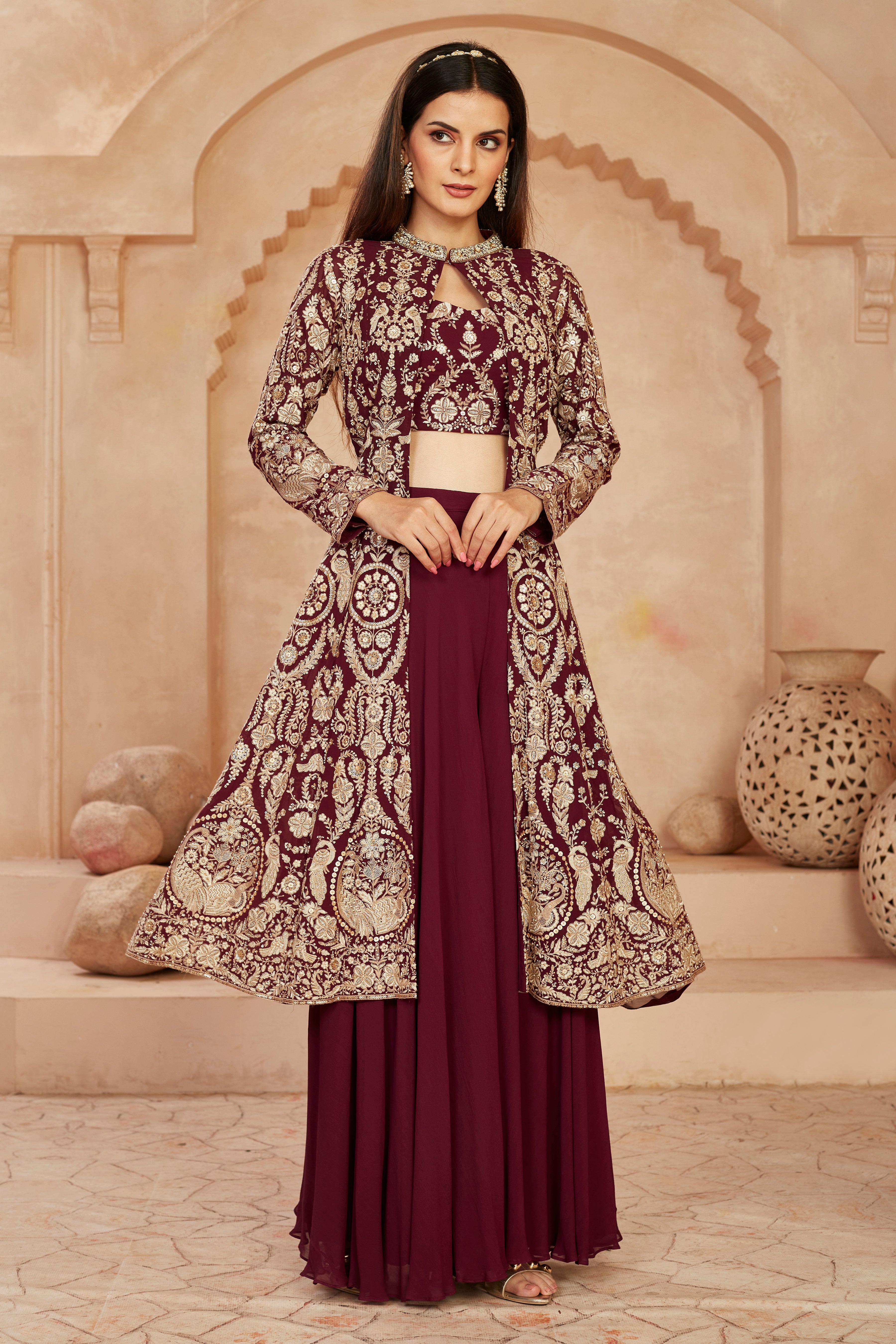 Wine Embellished Georgette Silk Cape Set