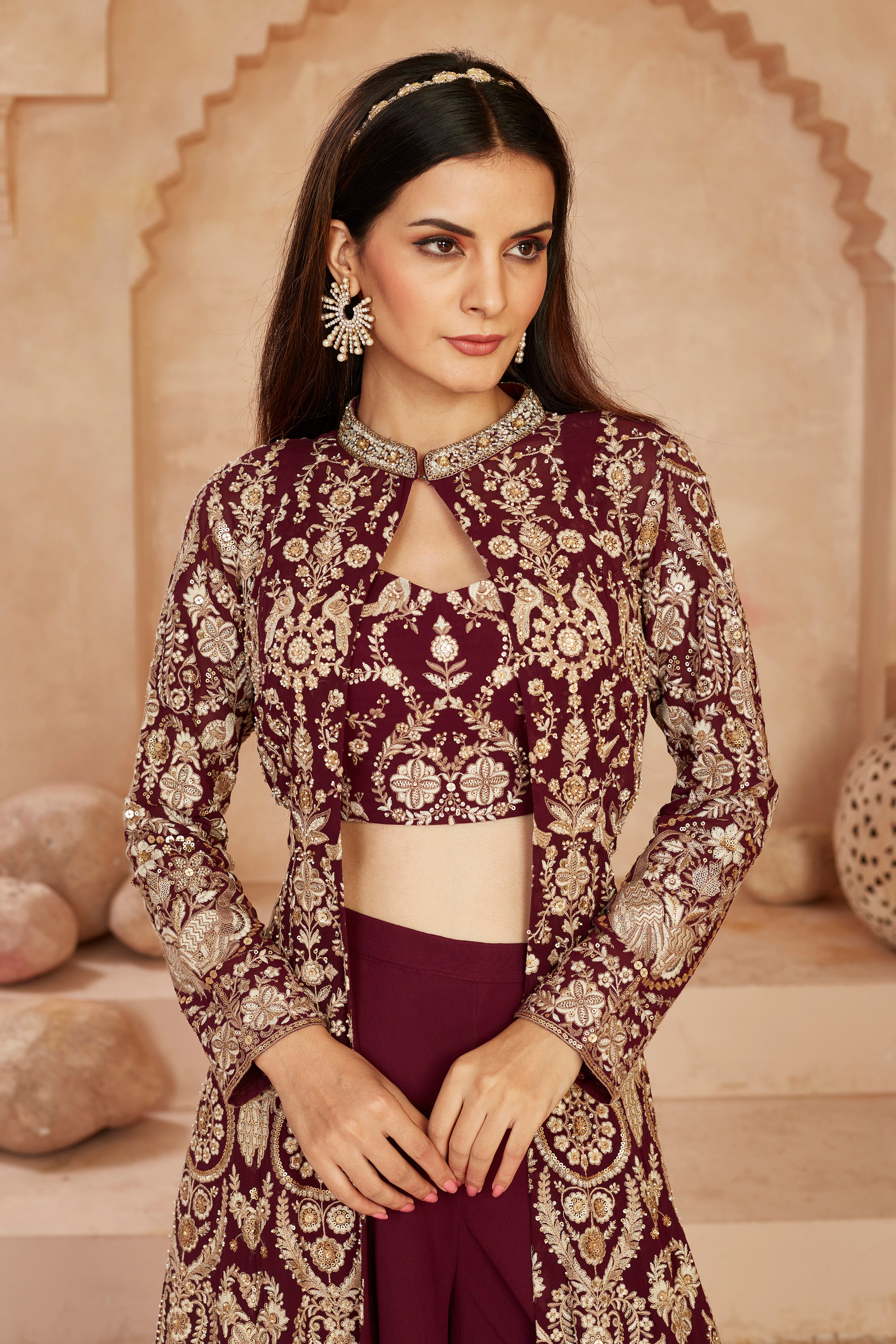 Wine Embellished Georgette Silk Cape Set