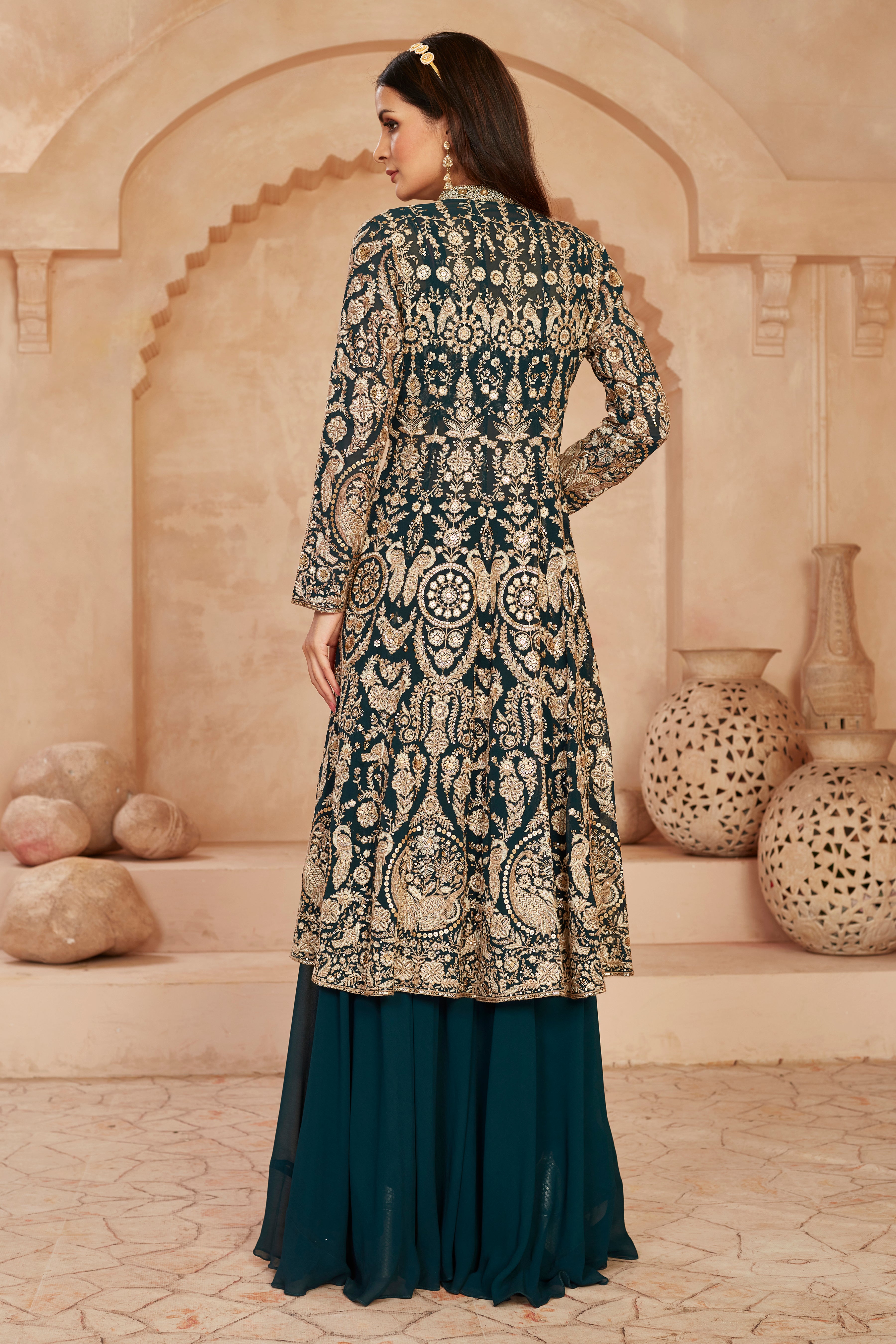 Teal Embellished Georgette Silk Cape Set