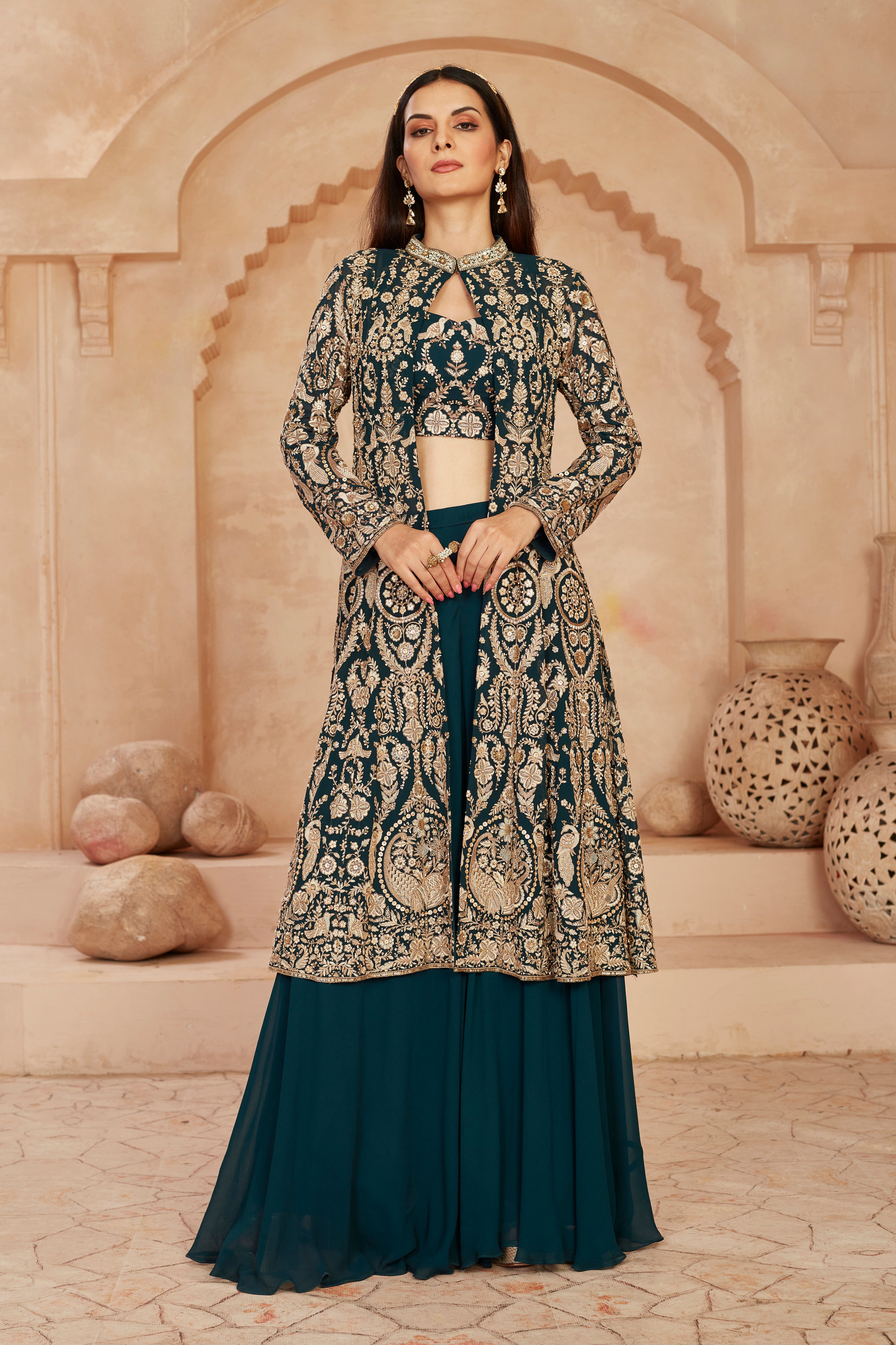 Teal Embellished Georgette Silk Cape Set