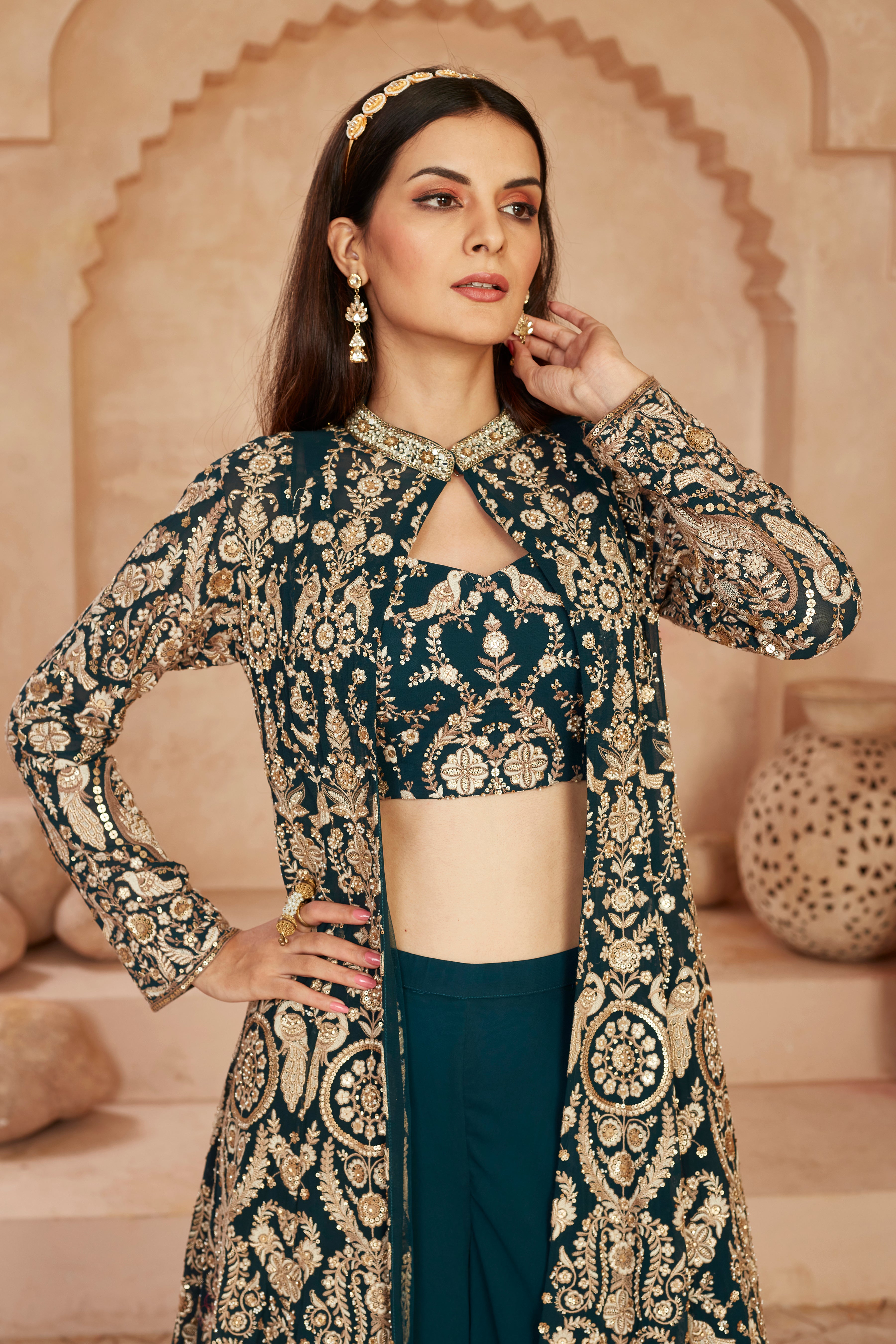Teal Embellished Georgette Silk Cape Set