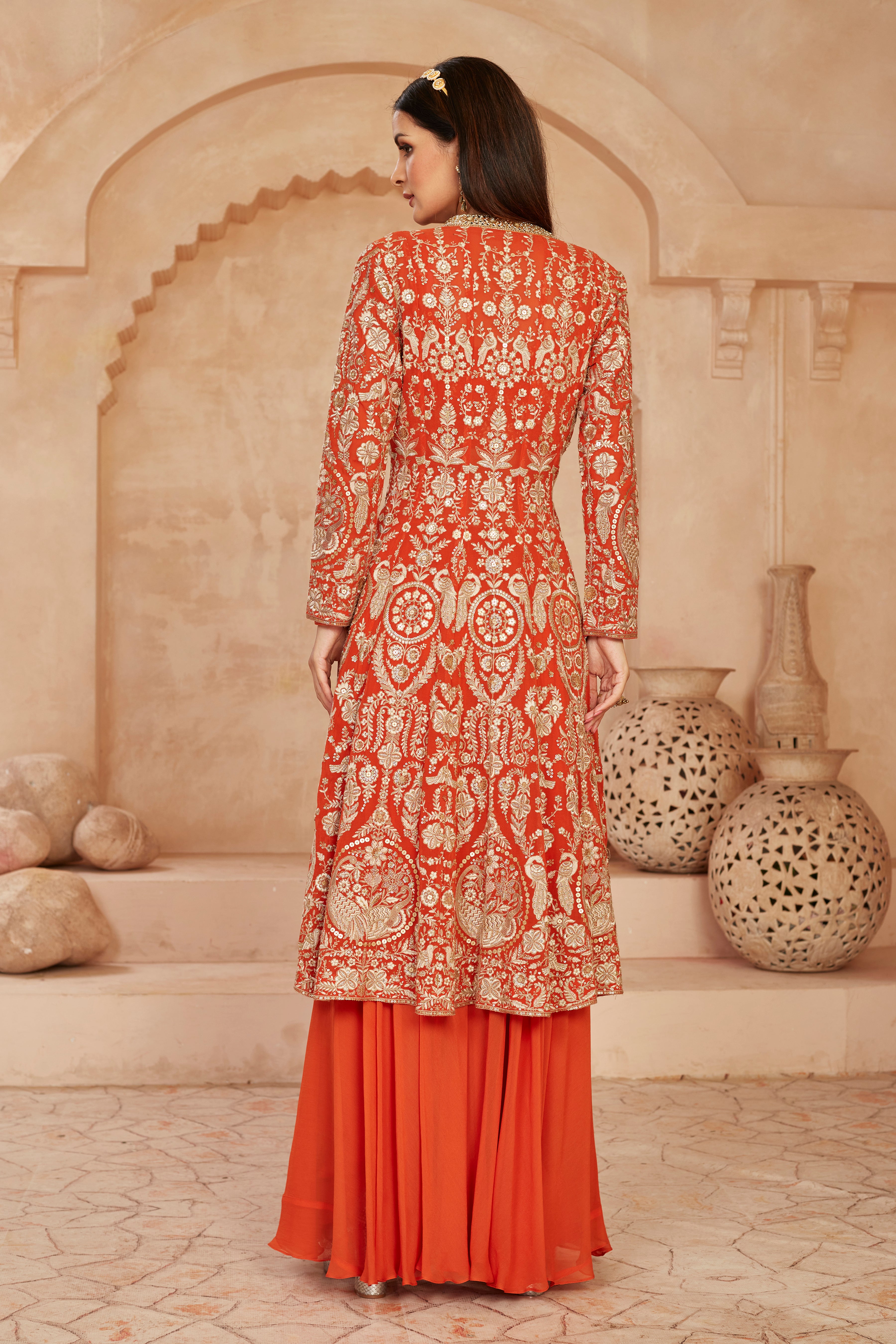 Orange Embellished Georgette Silk Cape Set