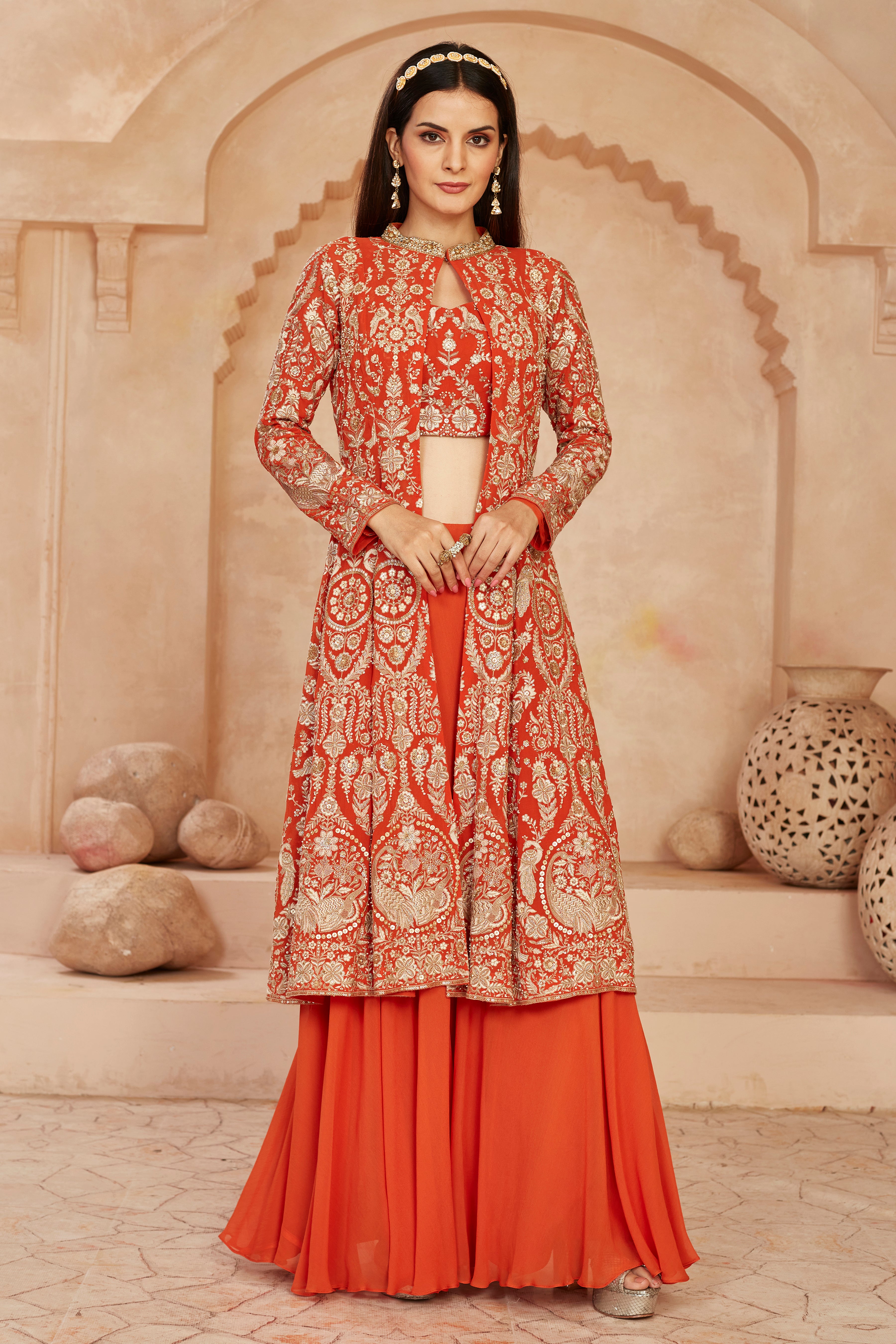 Orange Embellished Georgette Silk Cape Set