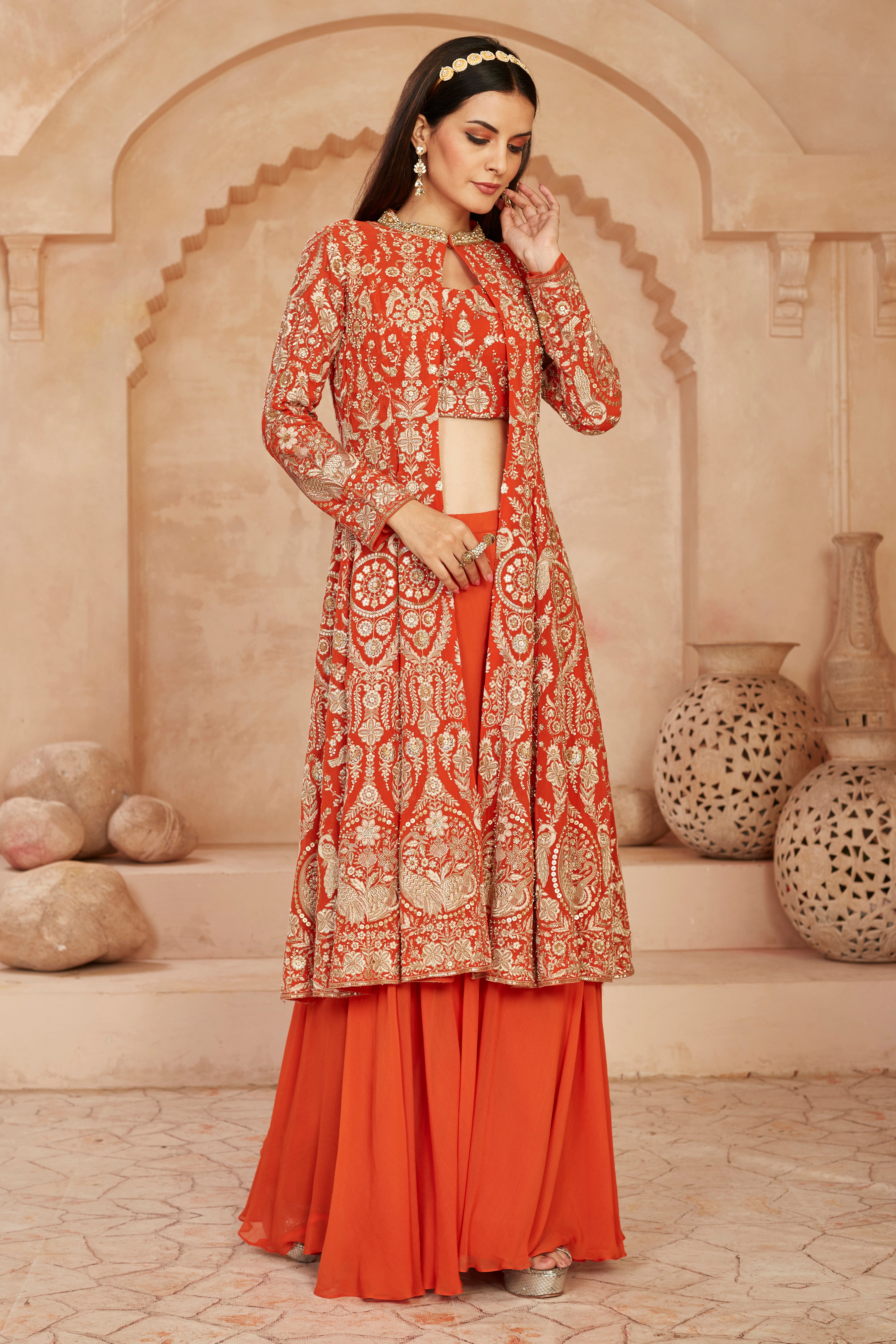 Orange Embellished Georgette Silk Cape Set