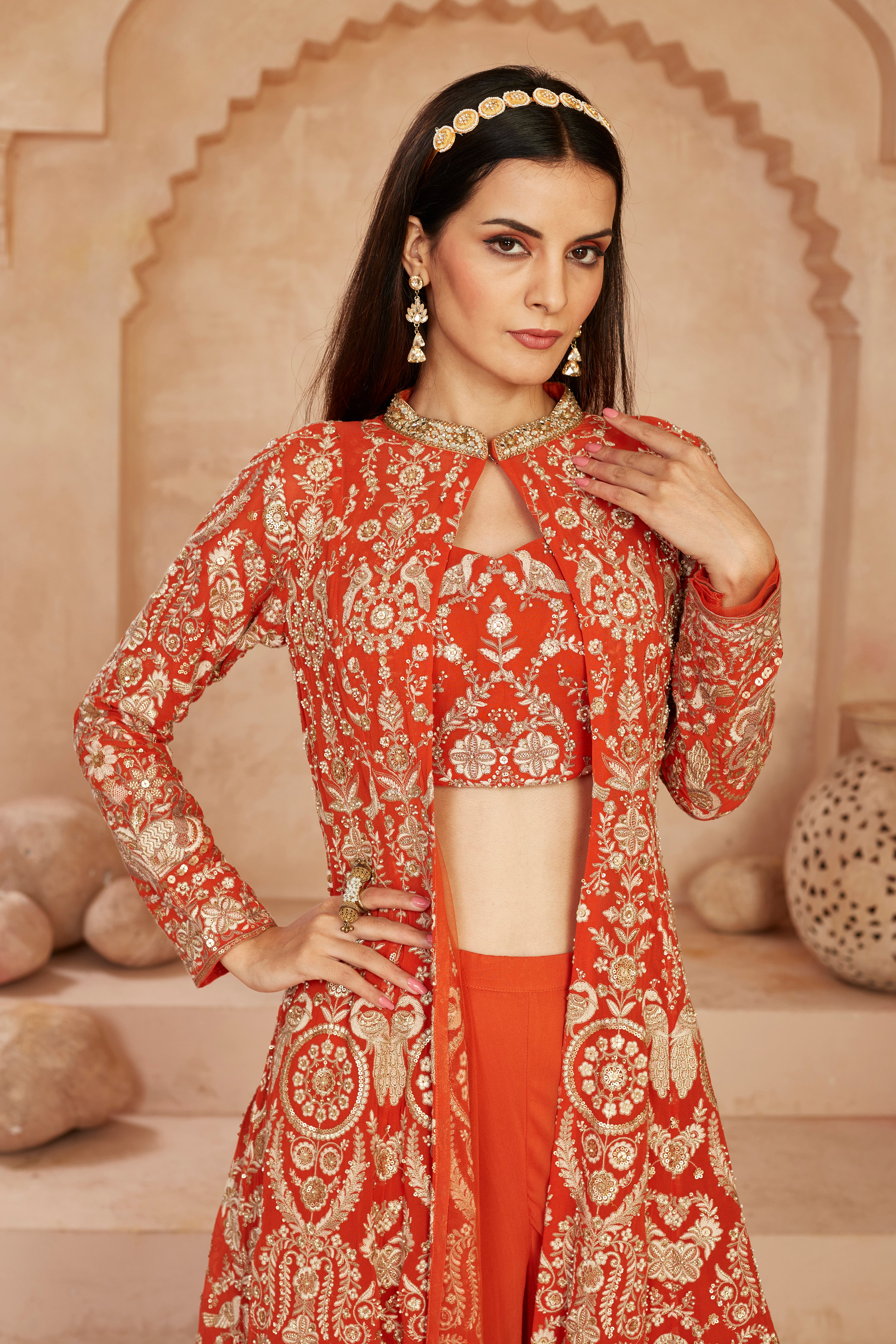 Orange Embellished Georgette Silk Cape Set