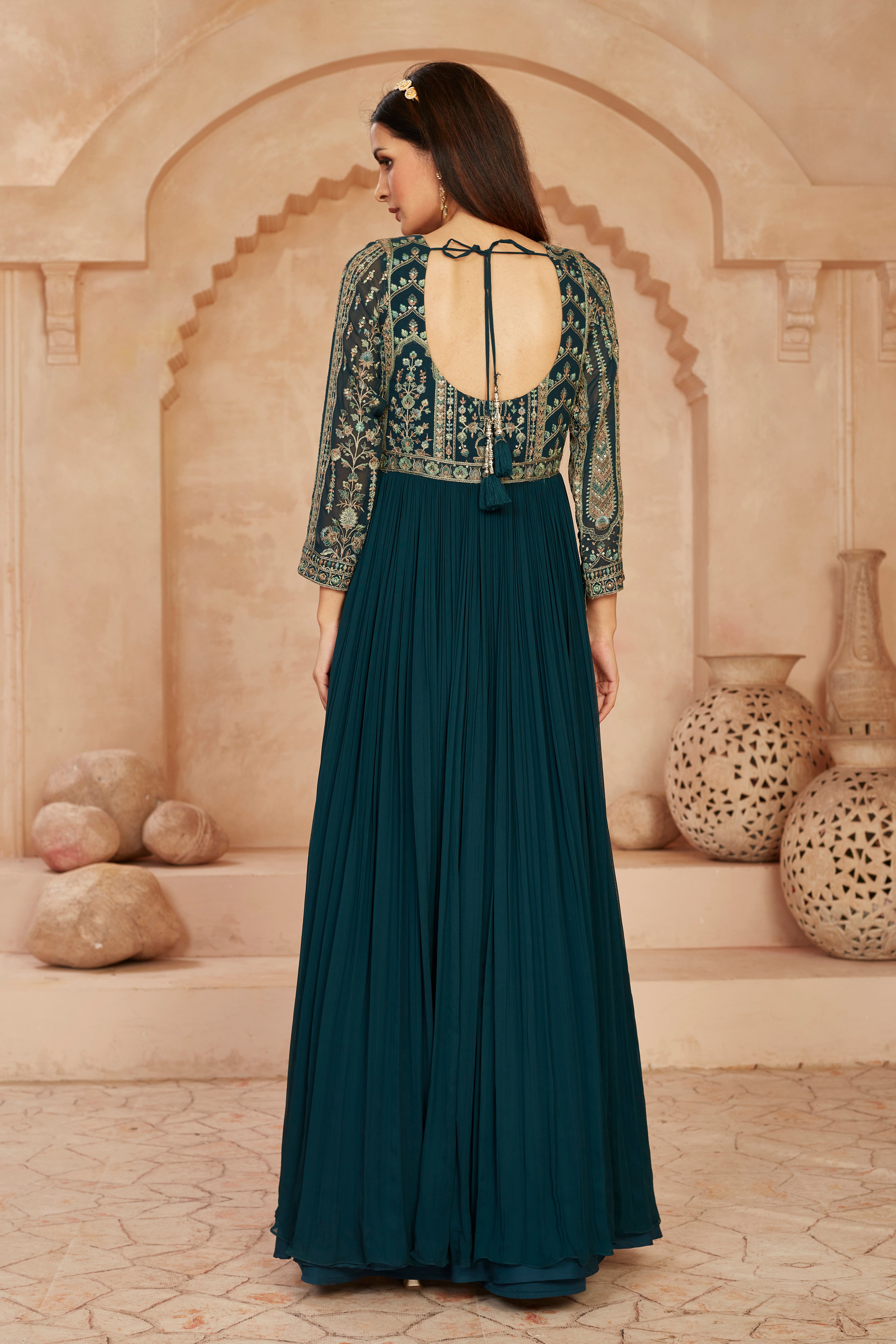 Emerald Embroidered Georgette Silk Anarkali Set