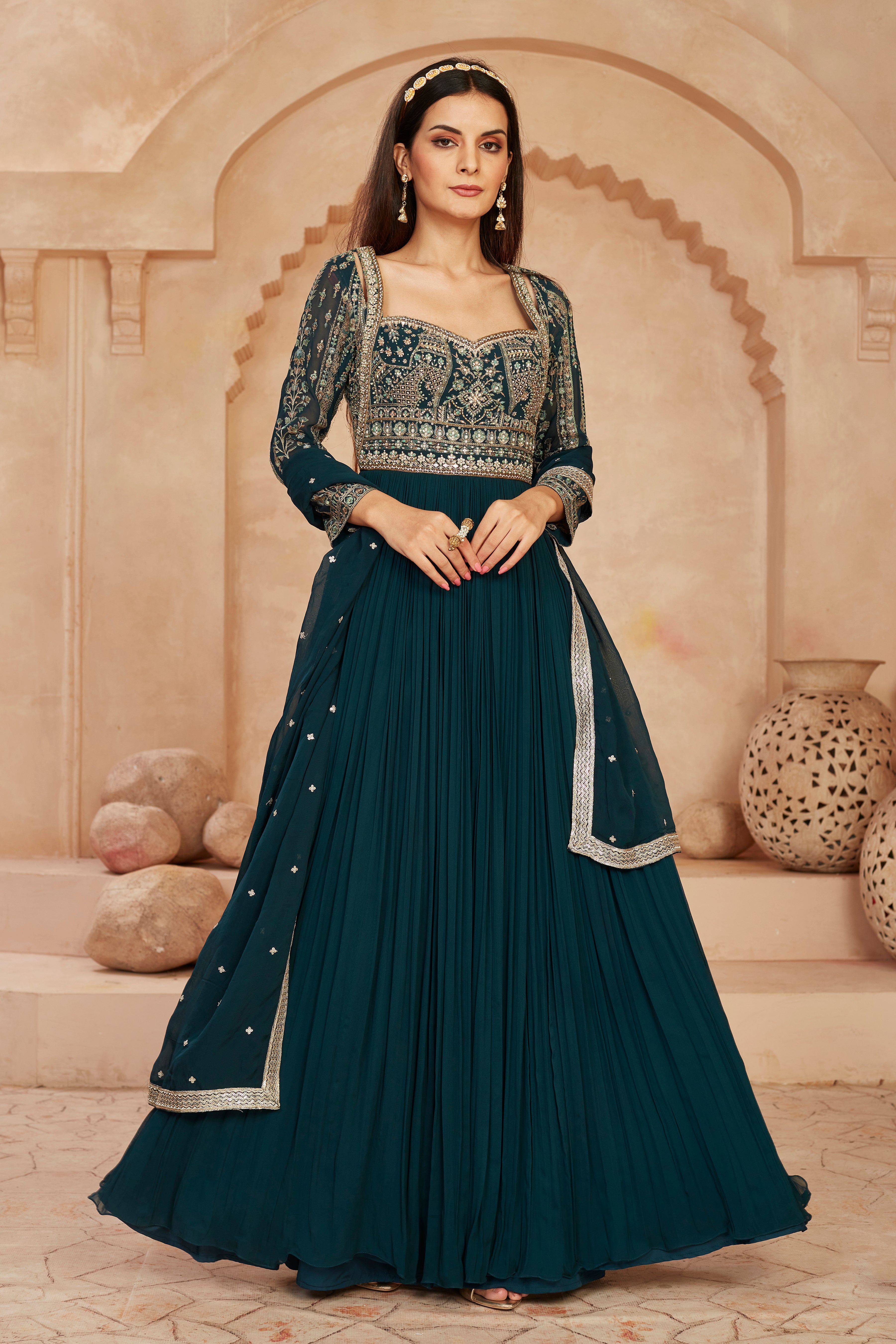 Emerald Embroidered Georgette Silk Anarkali Set