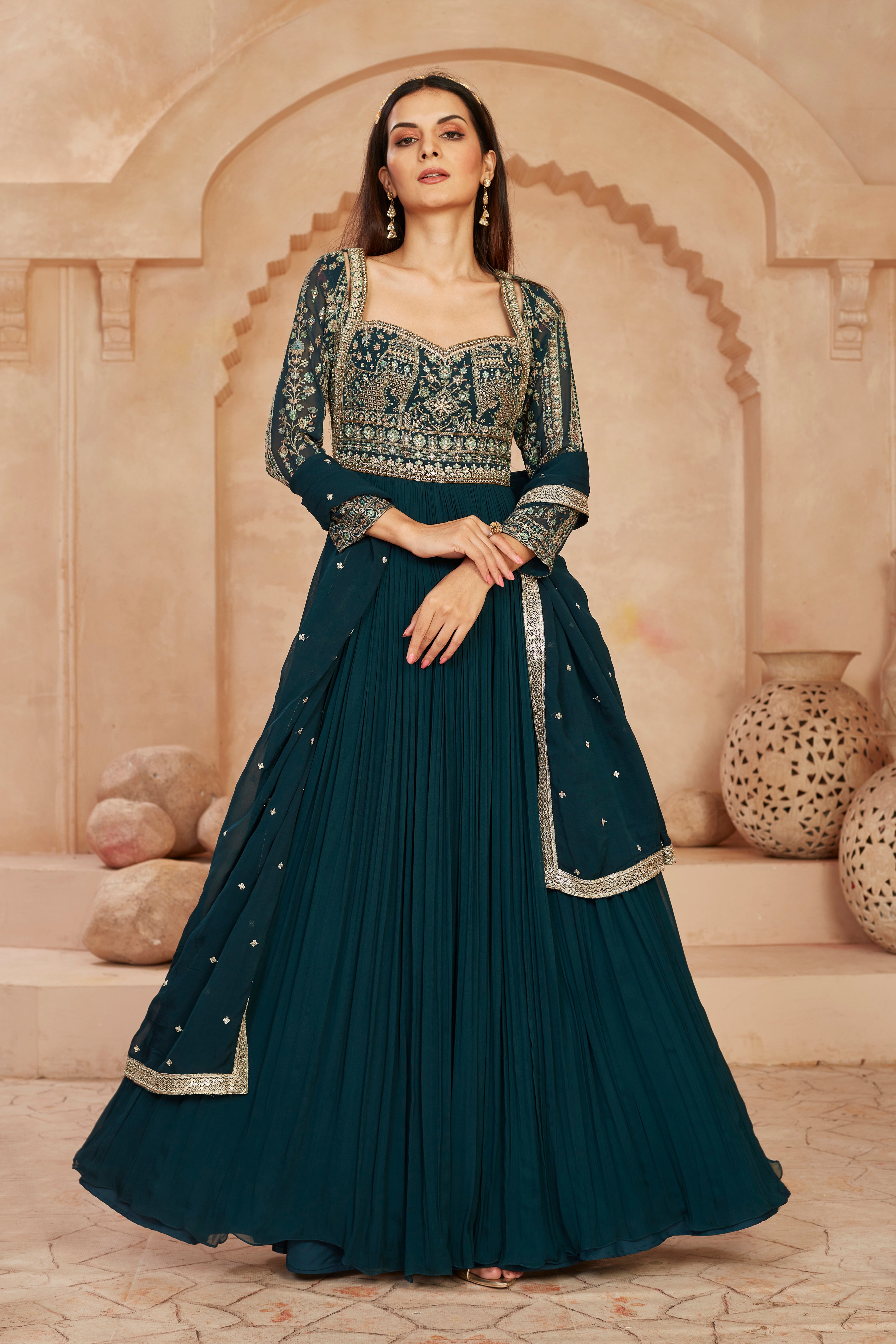 Emerald Embroidered Georgette Silk Anarkali Set