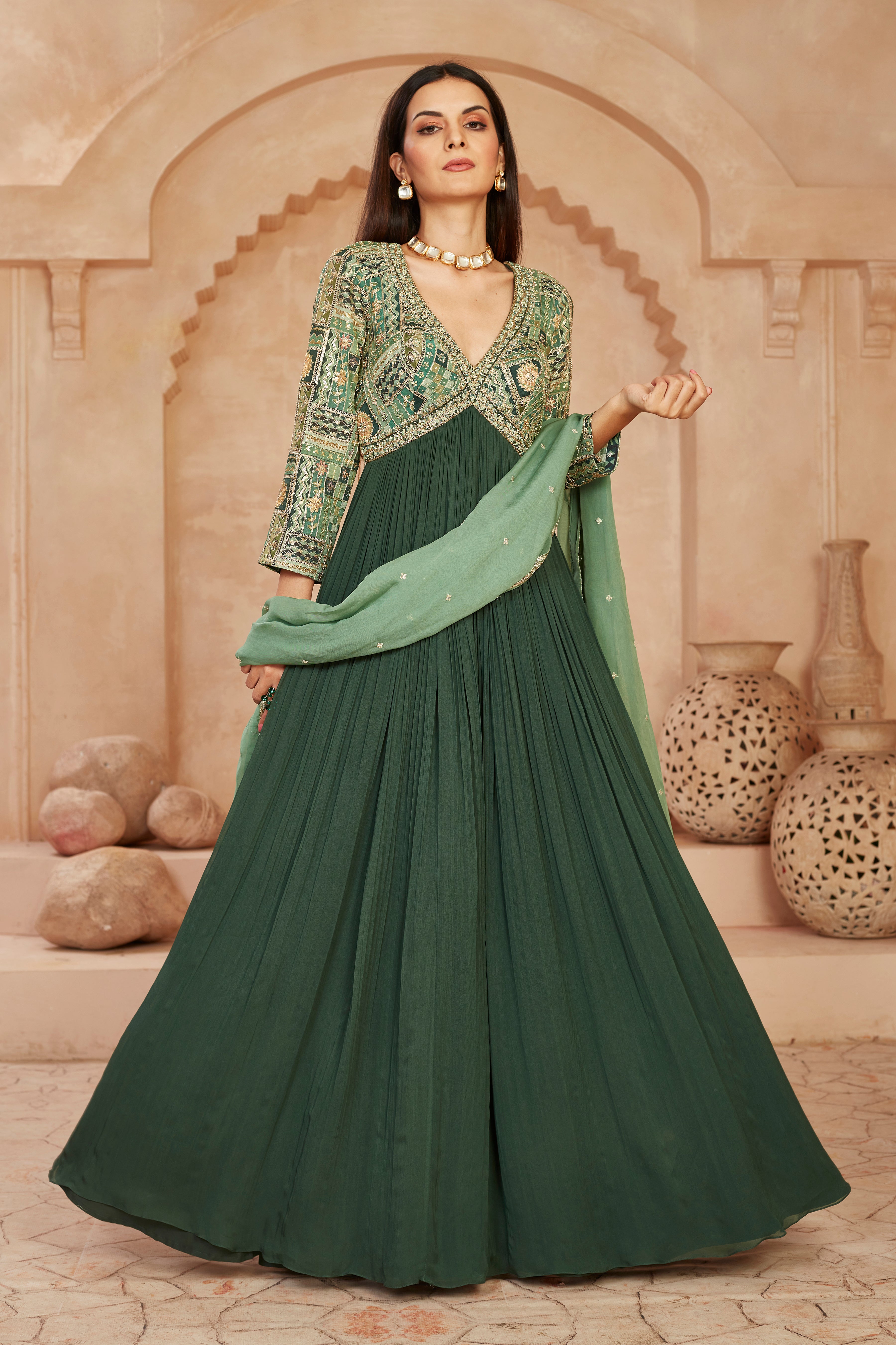 Emerald Embellished Georgette Silk Anarkali Set