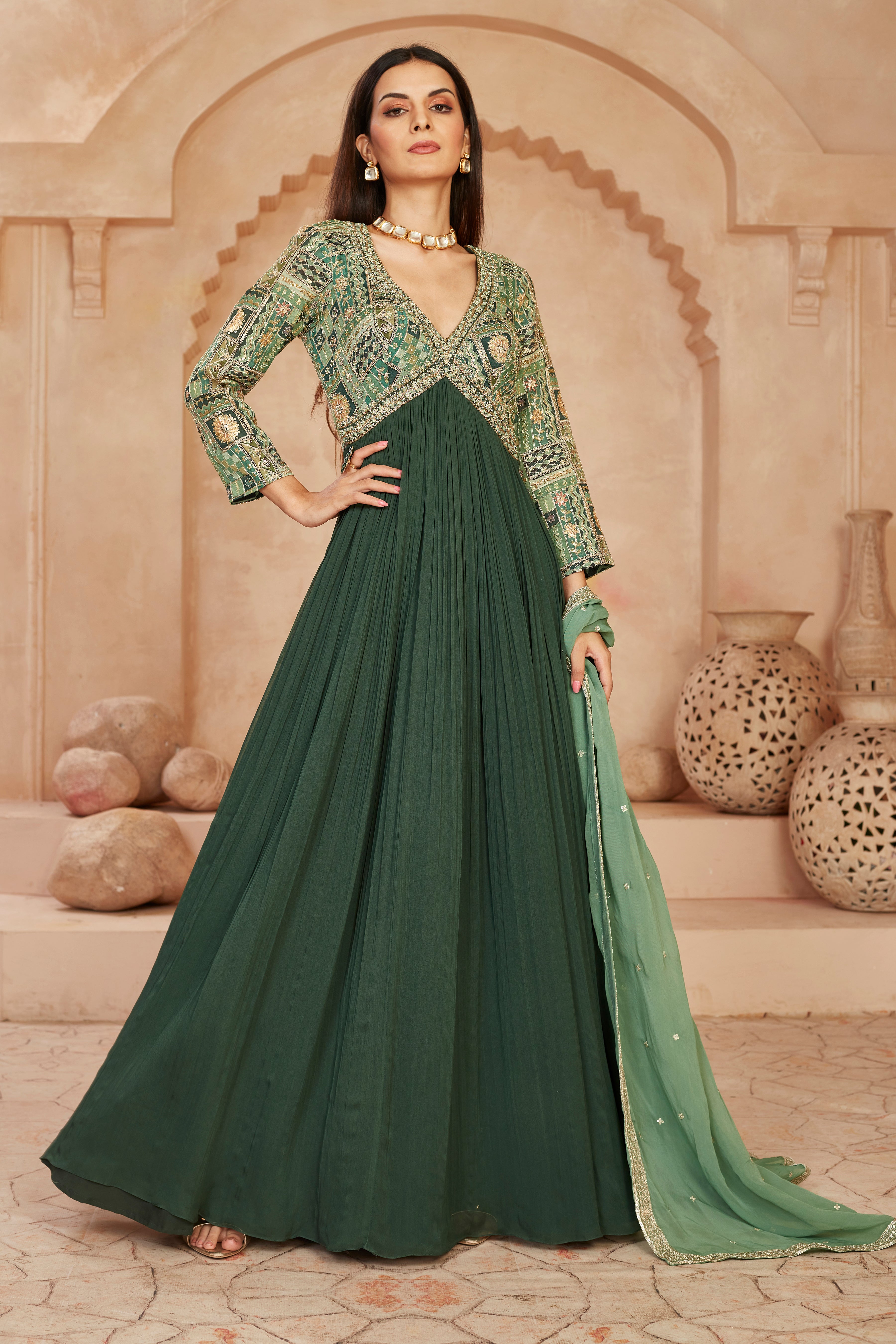 Emerald Embellished Georgette Silk Anarkali Set