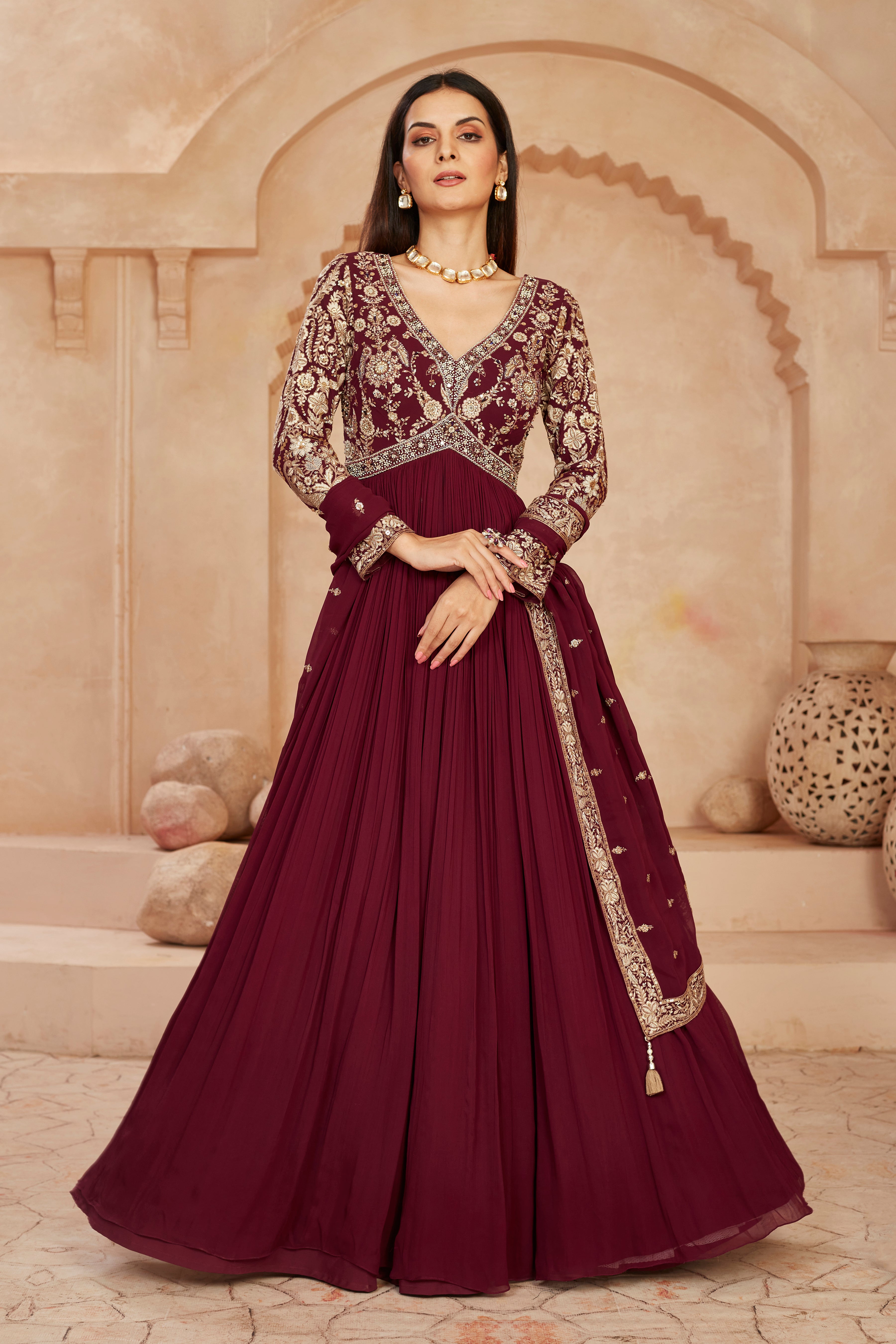 Wine Floral Embroidered Georgette Silk Anarkali Set