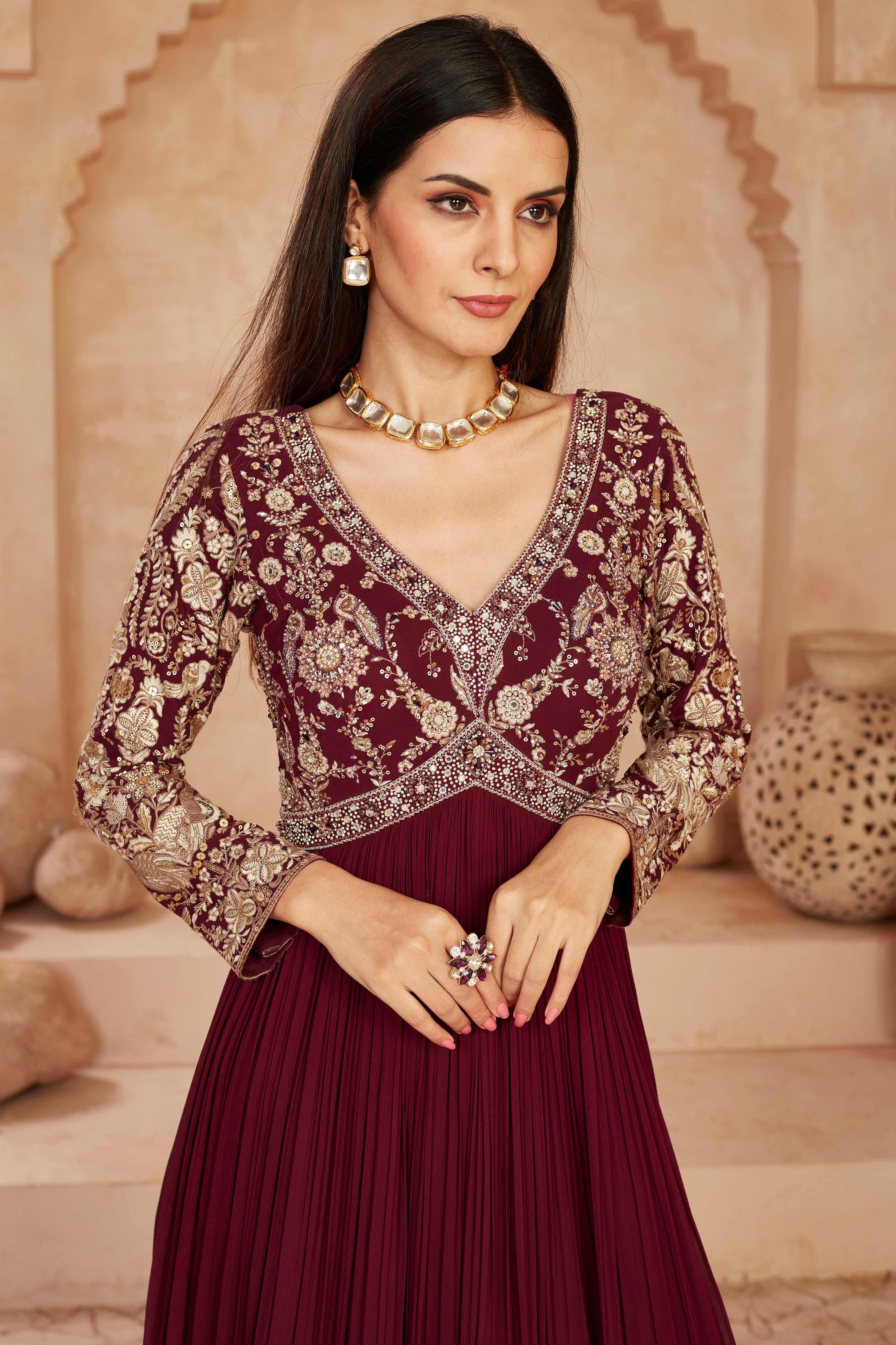 Wine Floral Embroidered Georgette Silk Anarkali Set