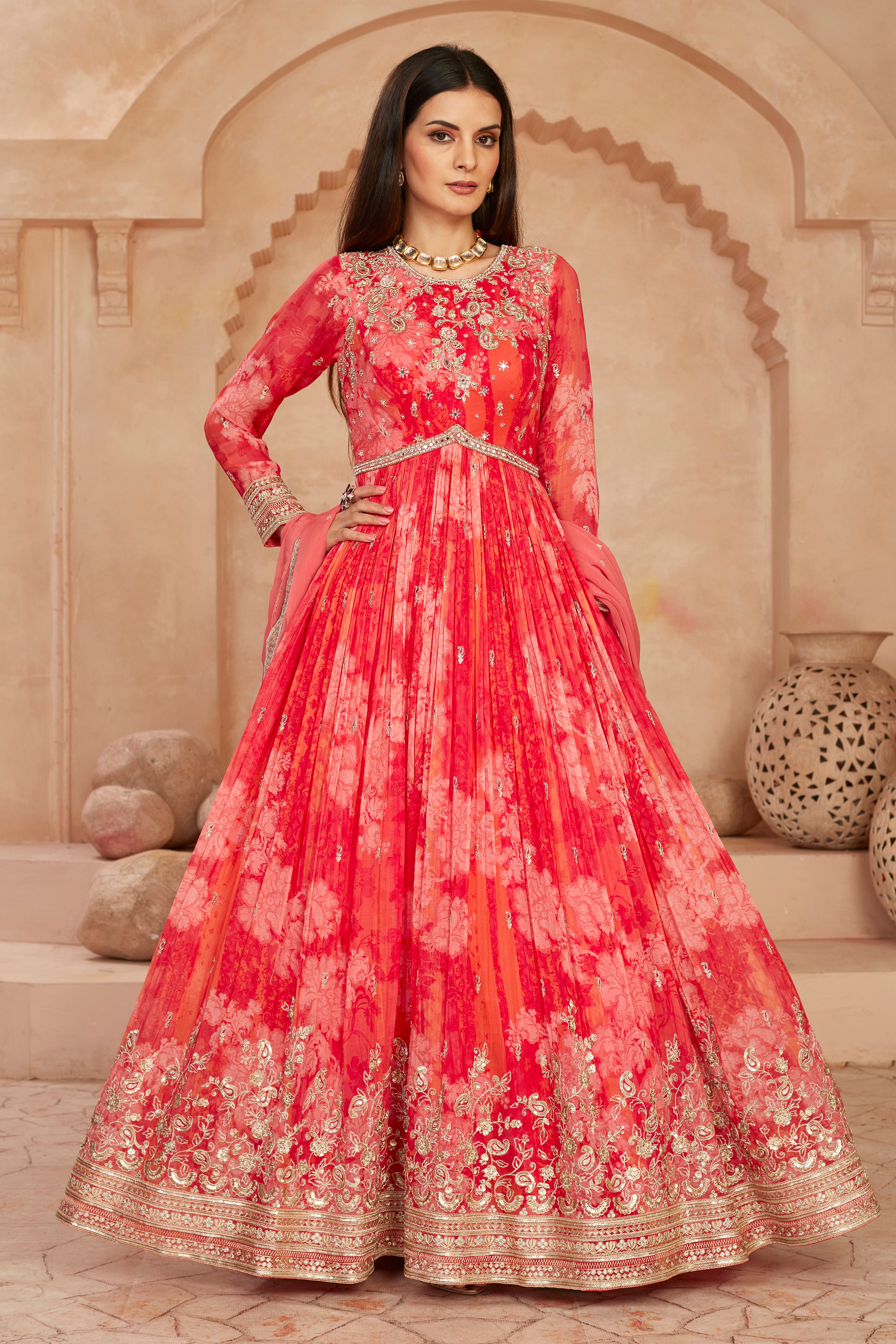 Cerise Red Embellished Georgette Silk Anarkali Set
