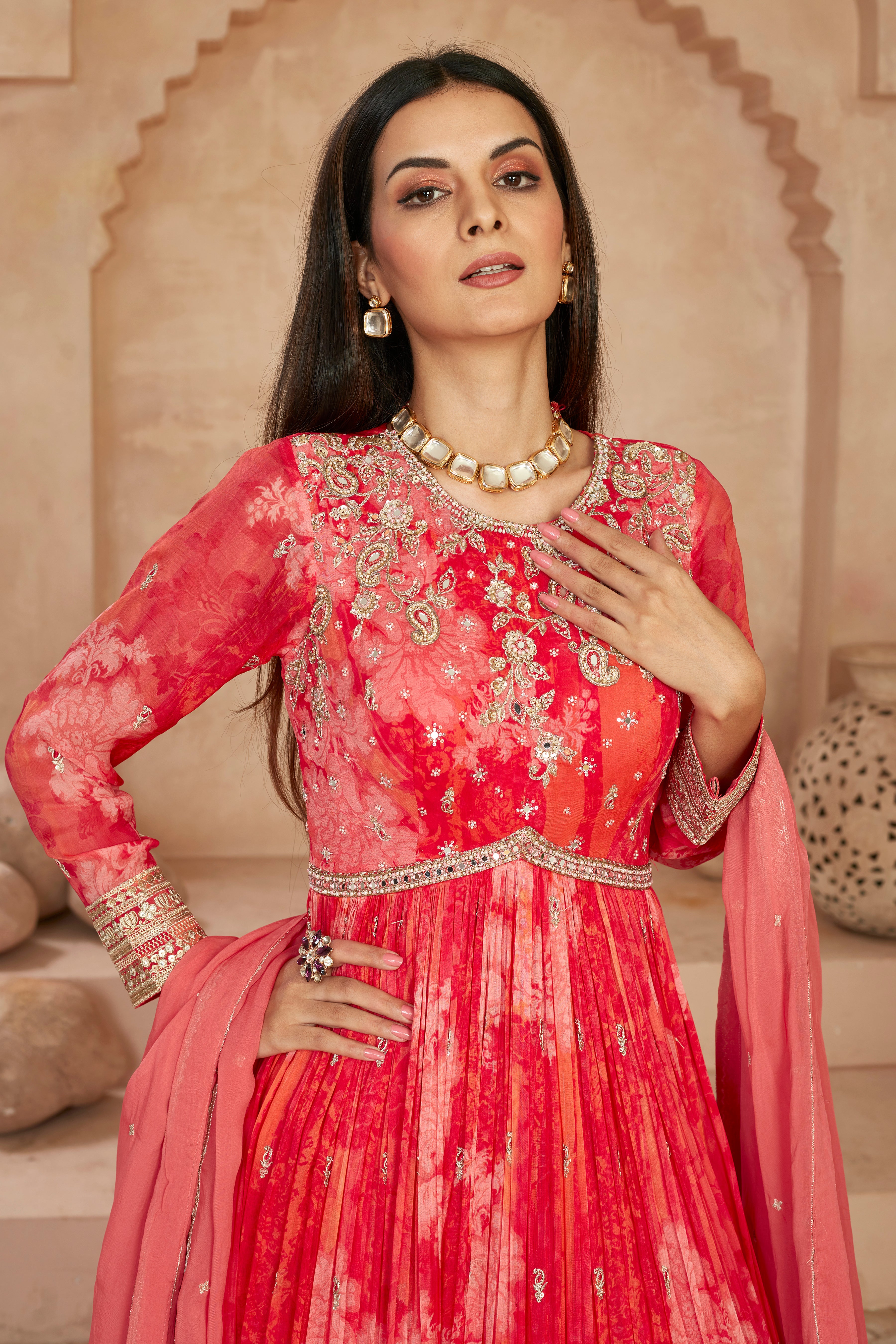 Cerise Red Embellished Georgette Silk Anarkali Set