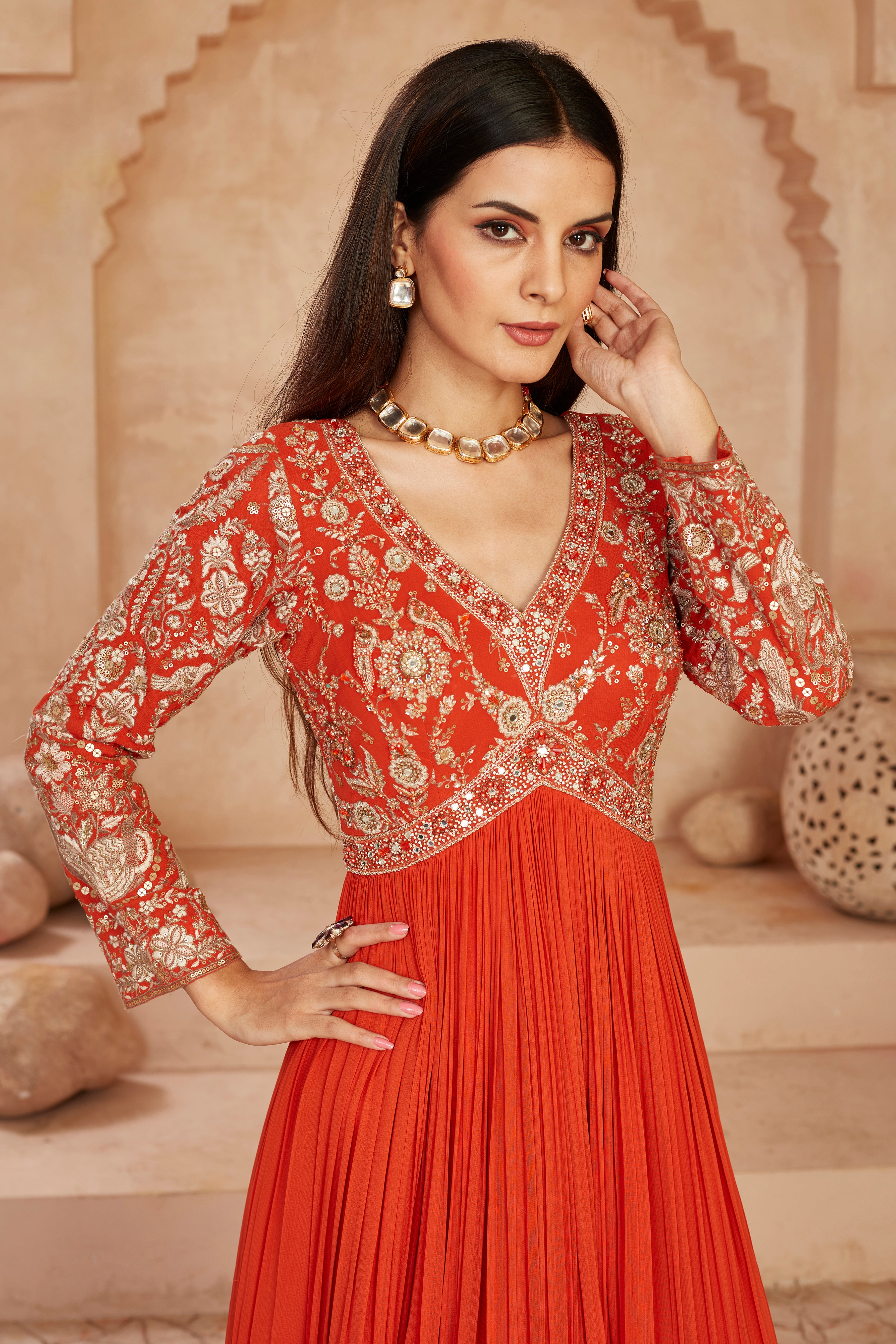 Orange Floral Embroidered Georgette Silk Anarkali Set