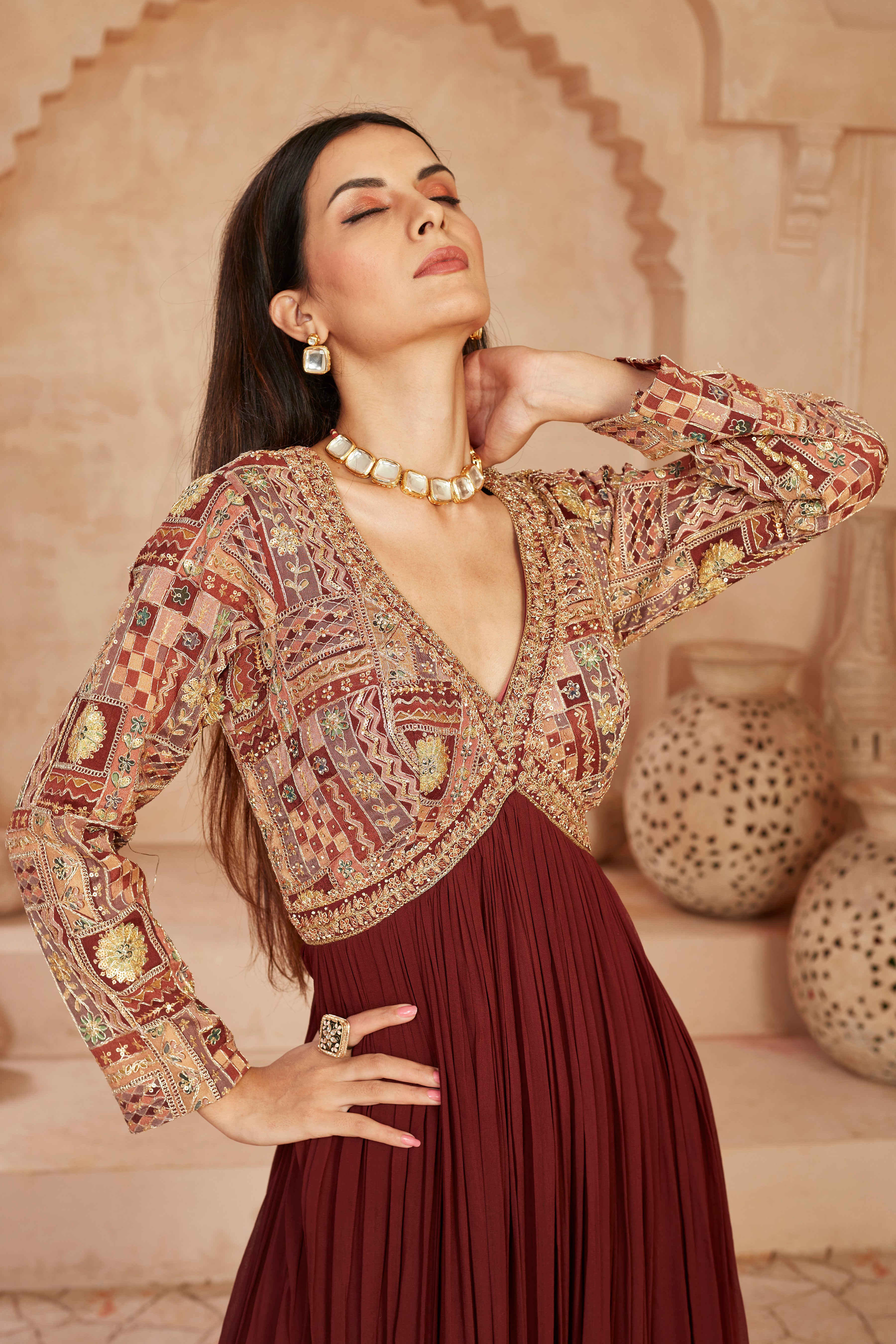 Maroon Embellished Georgette Silk Anarkali Set