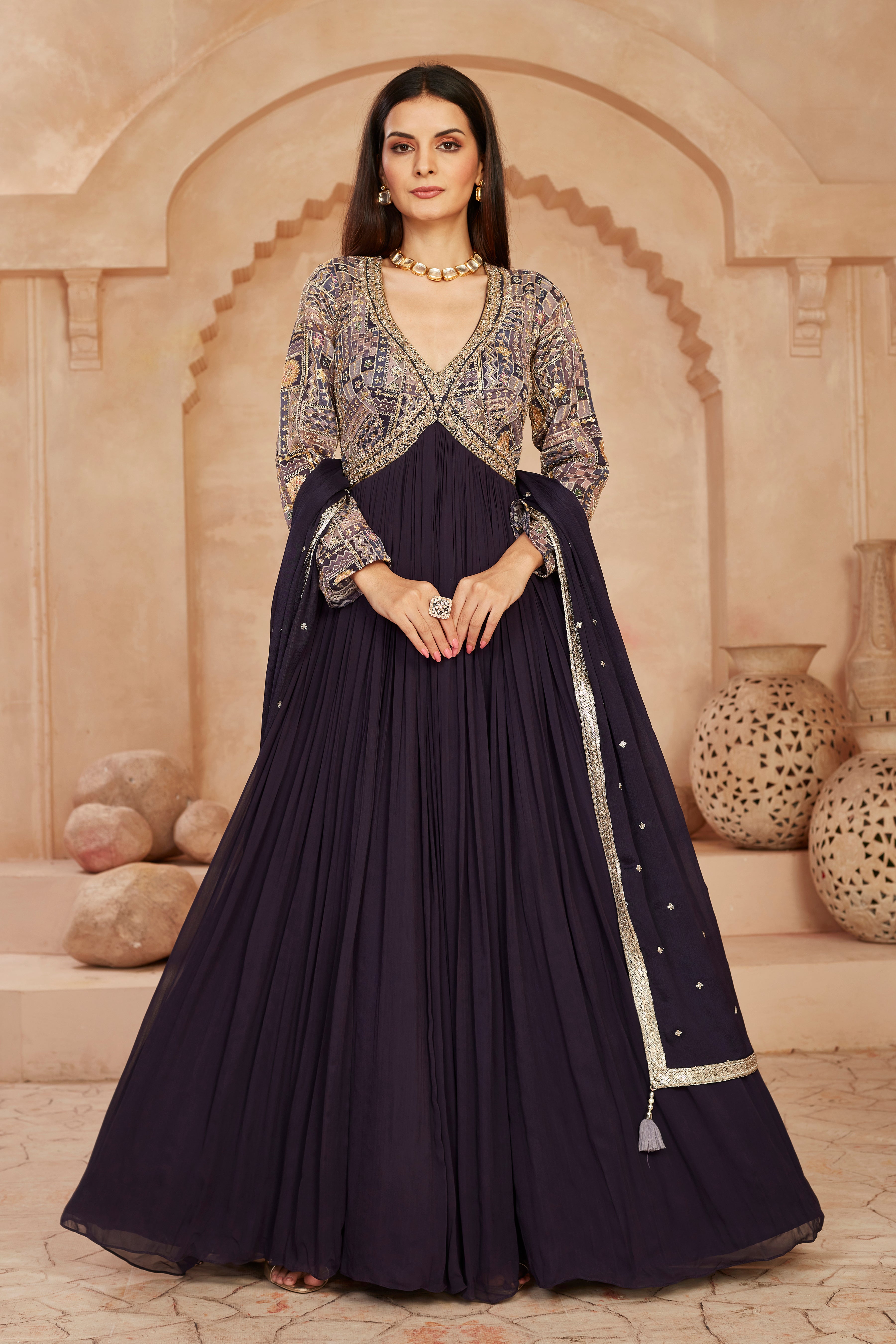 Purple Embellished Georgette Silk Anarkali Set