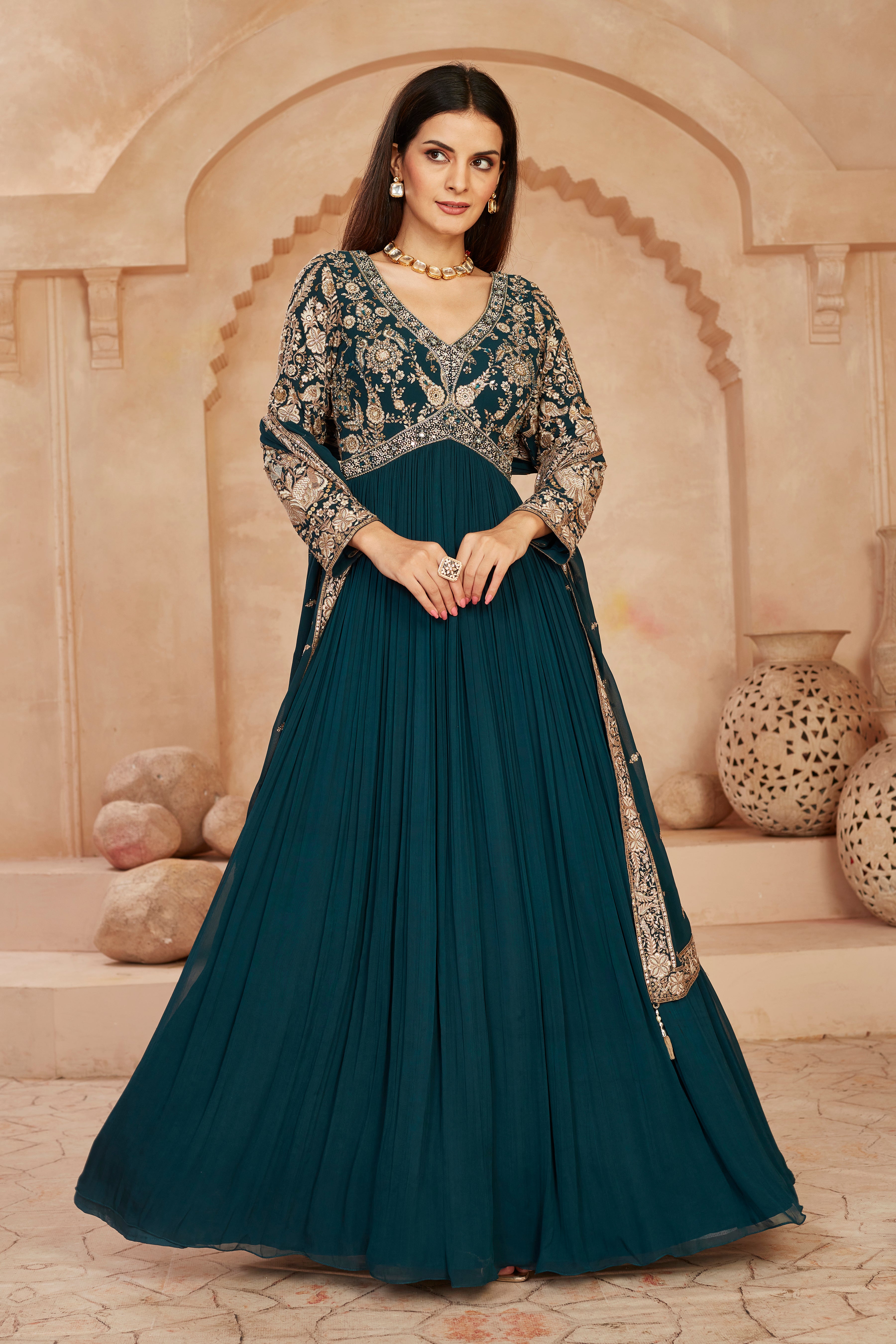 Teal Floral Embroidered Georgette Silk Anarkali Set