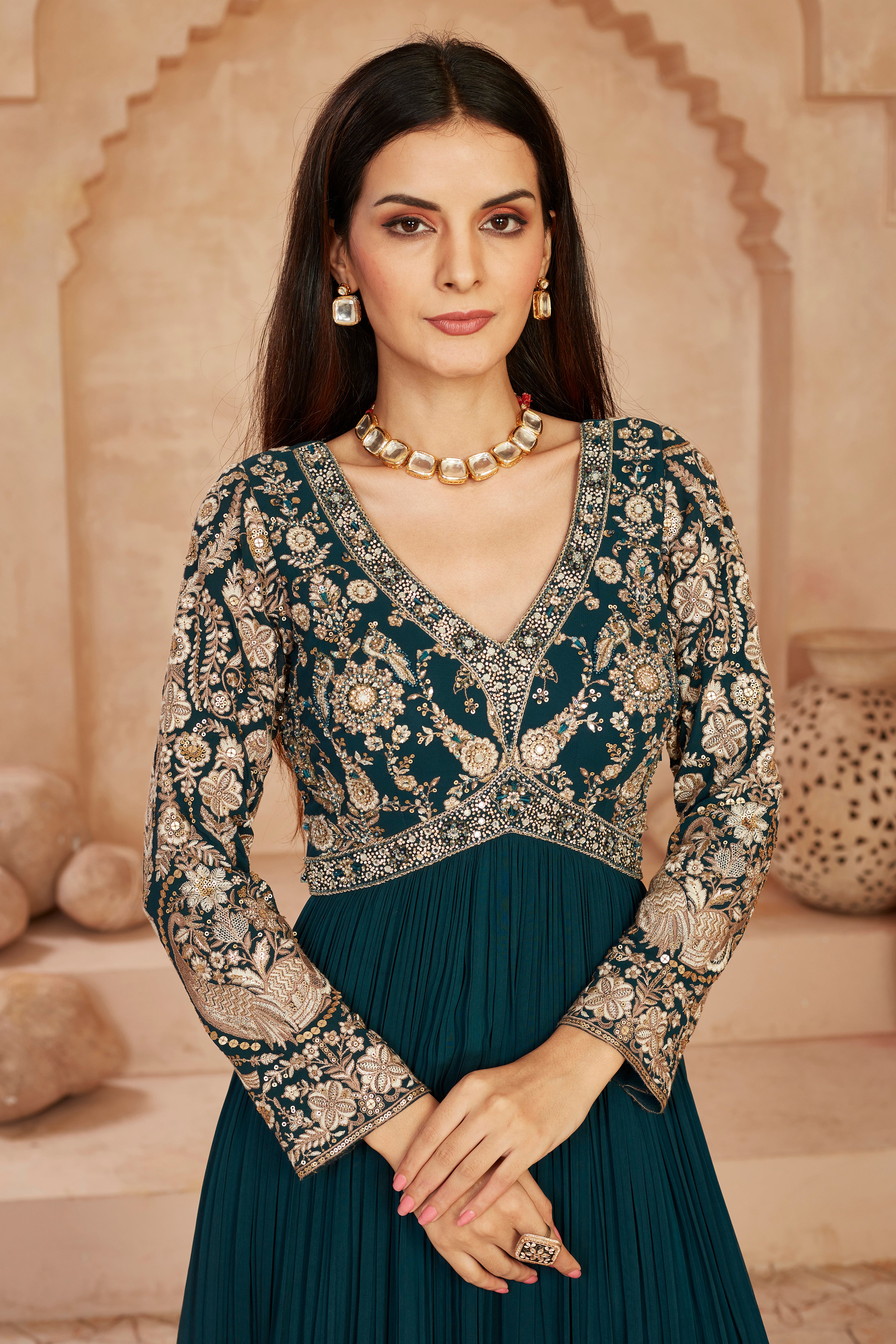 Teal Floral Embroidered Georgette Silk Anarkali Set