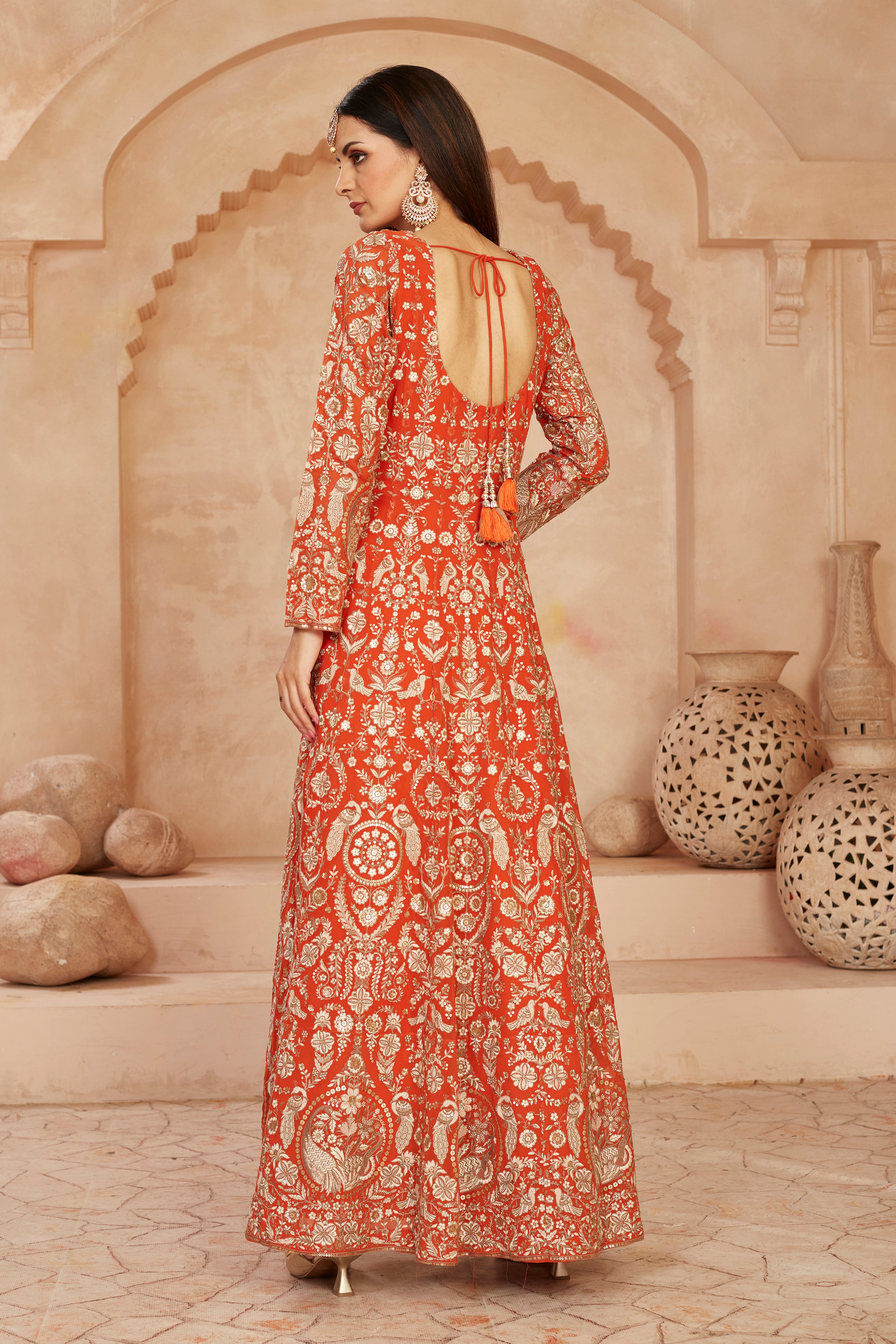 Orange Embroidered Georgette Silk Anarkali Set