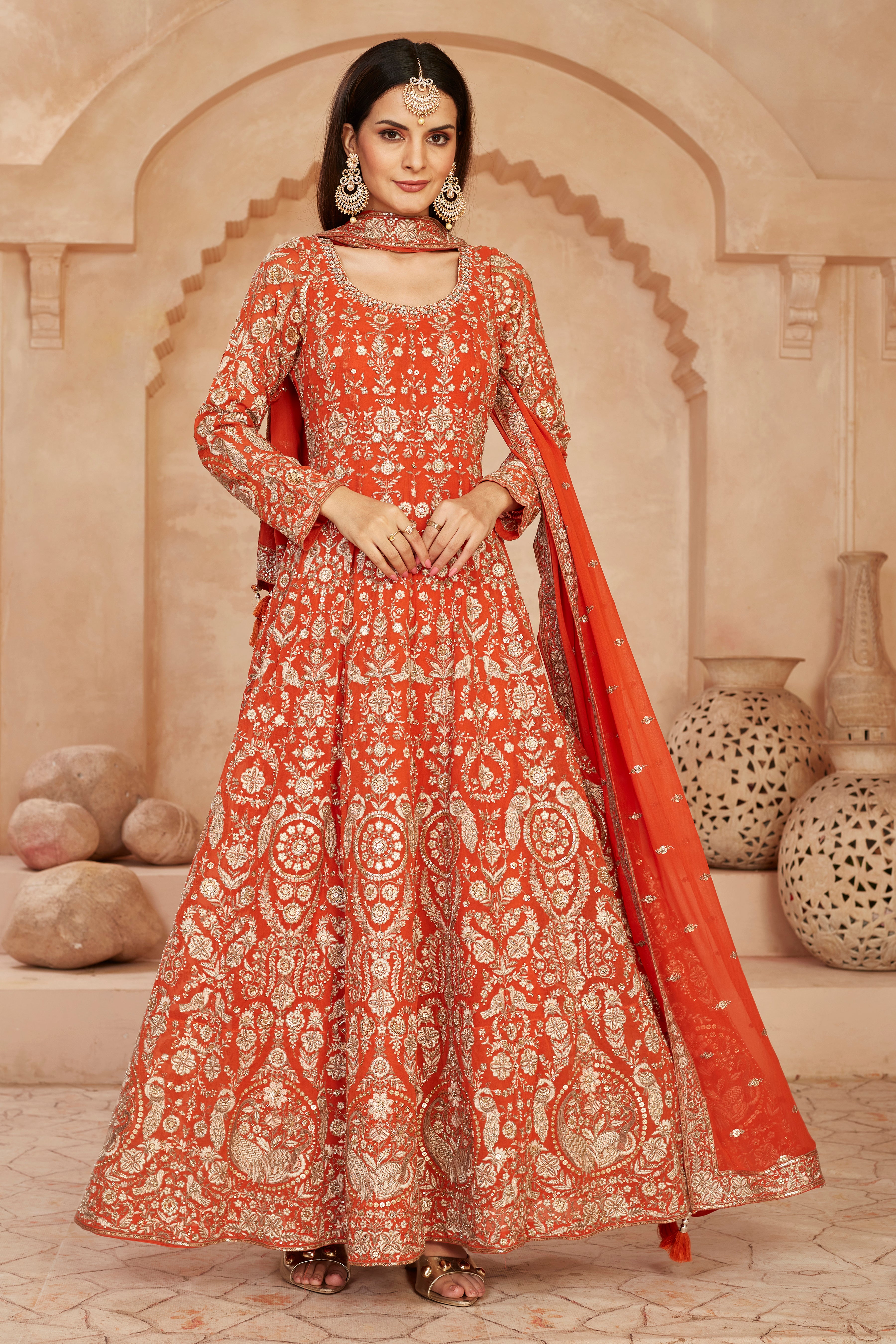 Orange Embroidered Georgette Silk Anarkali Set