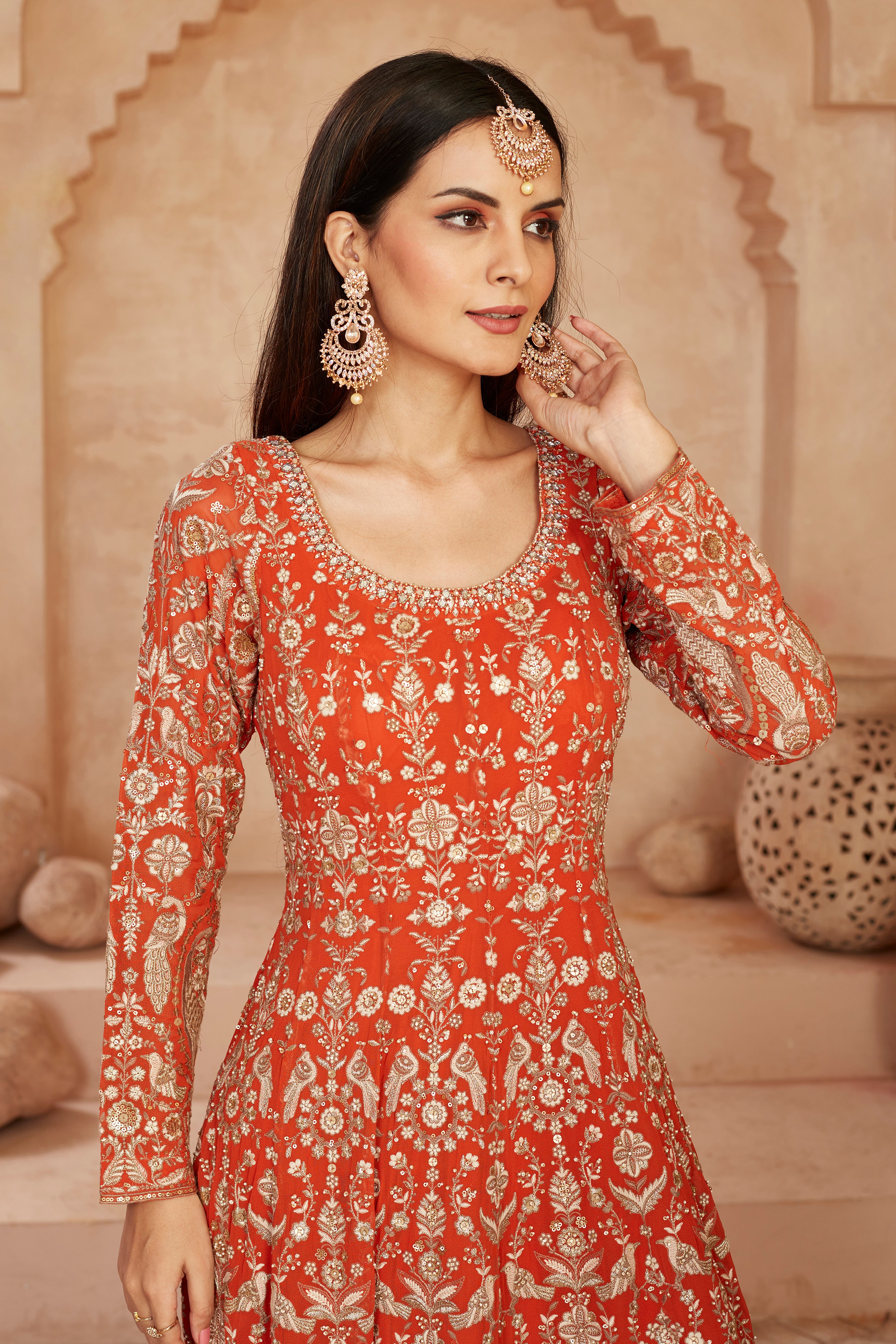 Orange Embroidered Georgette Silk Anarkali Set