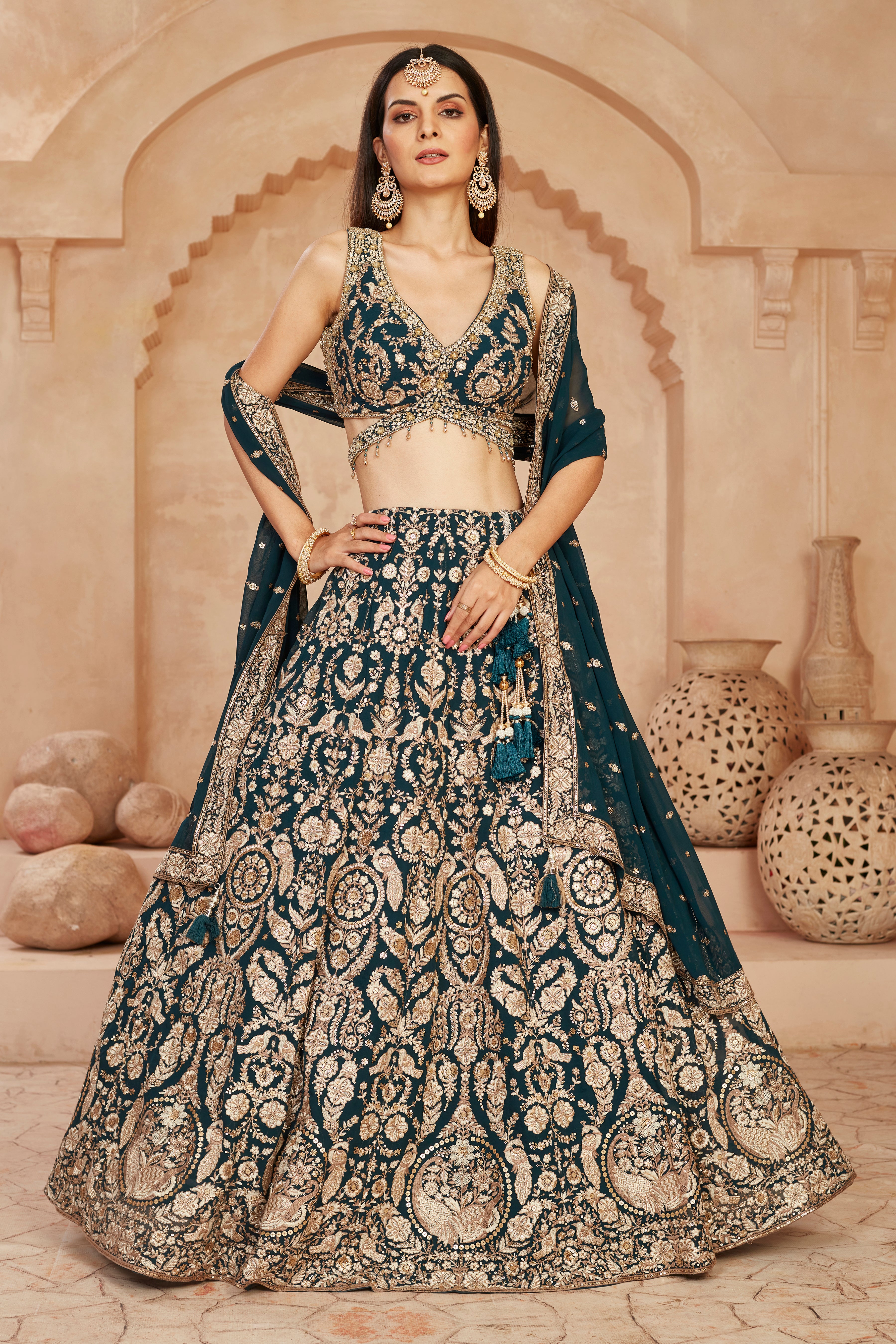 Teal Embellished Georgette Silk Lehenga Set