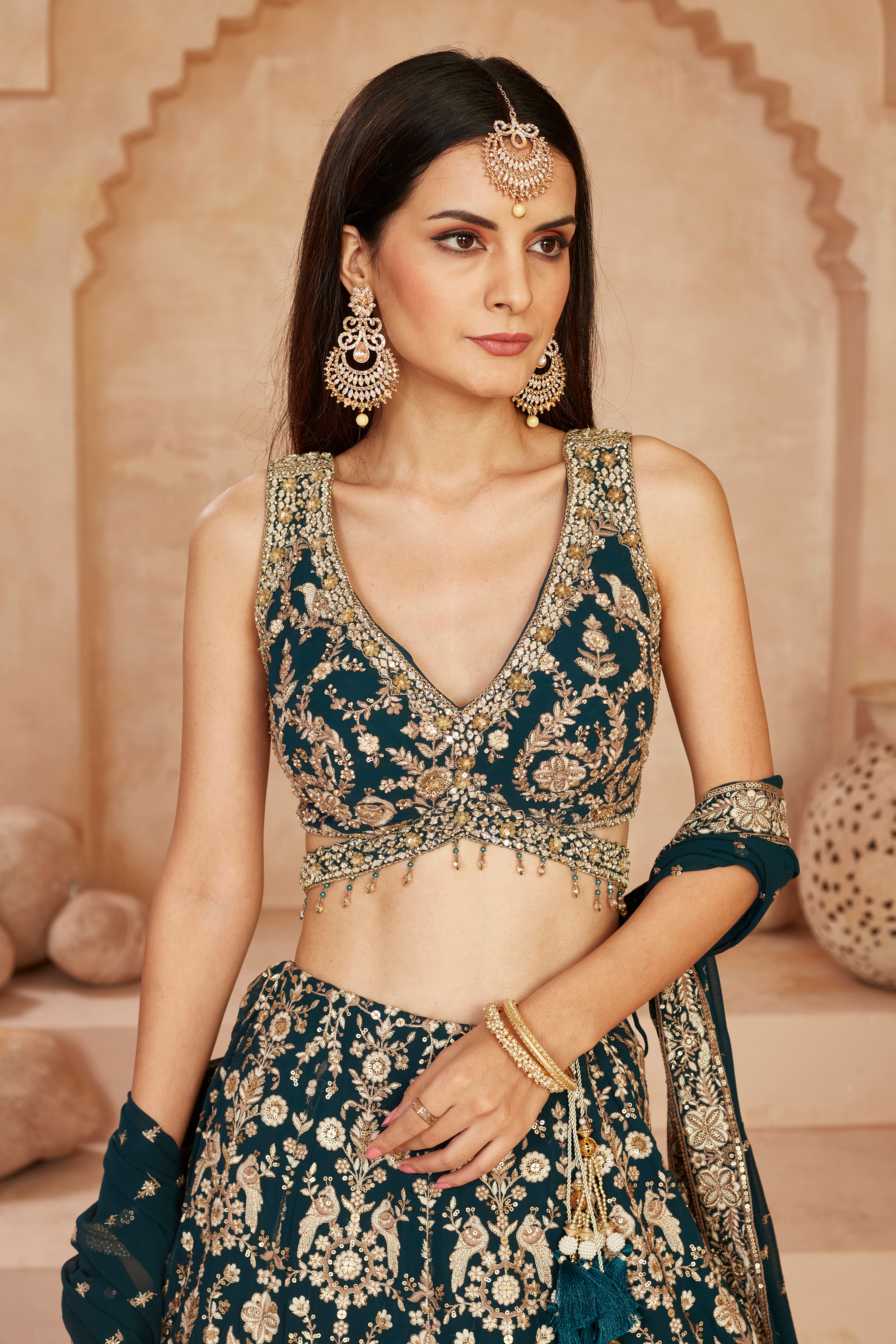 Teal Embellished Georgette Silk Lehenga Set