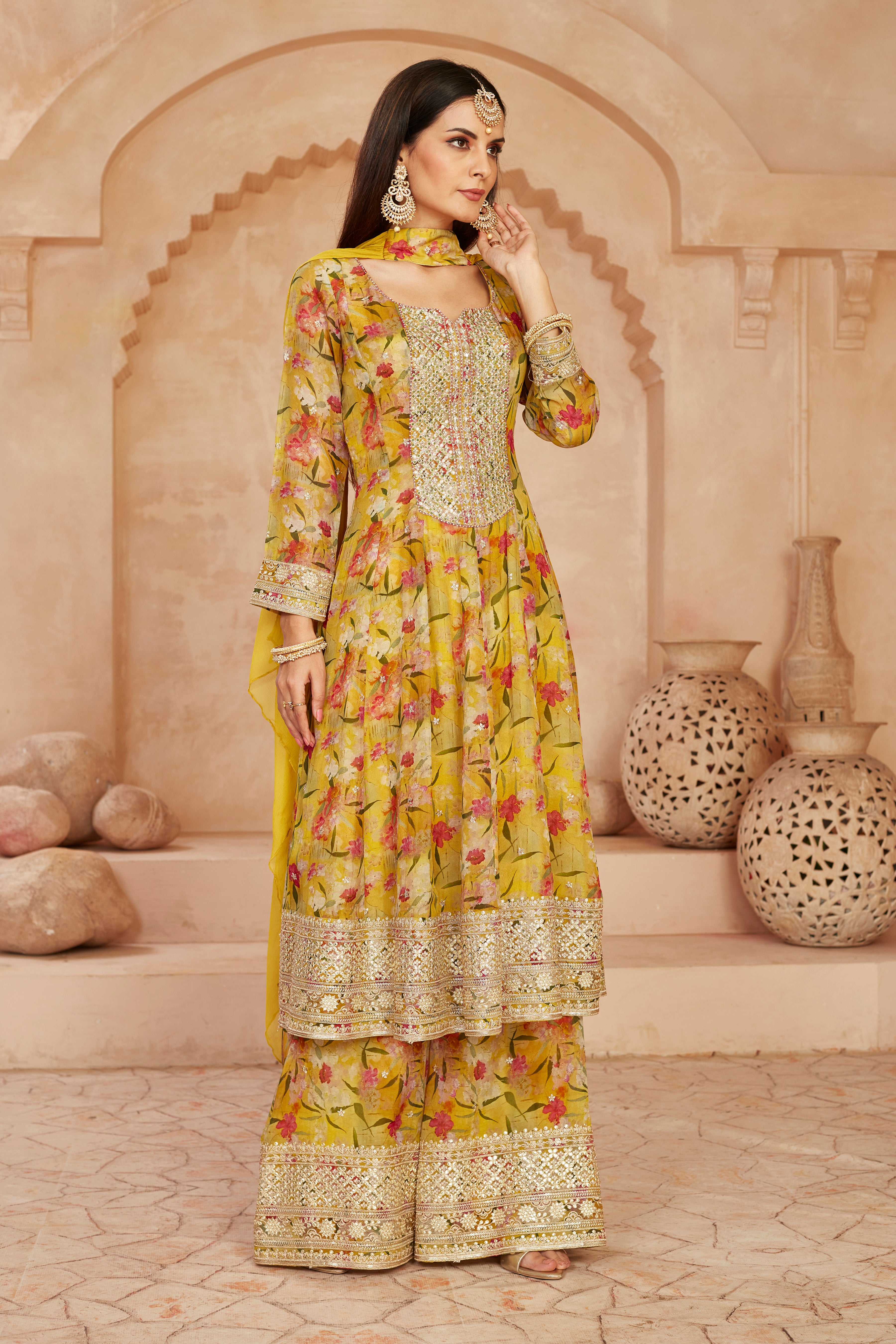 Yellow Floral Printed Italian Silk Palazzo Set