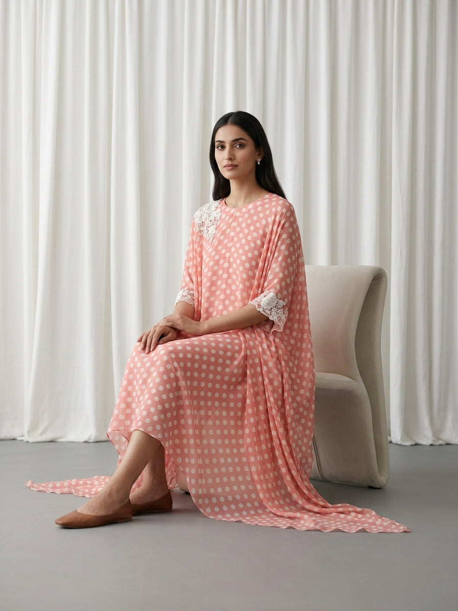 Peach Polka Embellished Georgette Kaftan Tunic