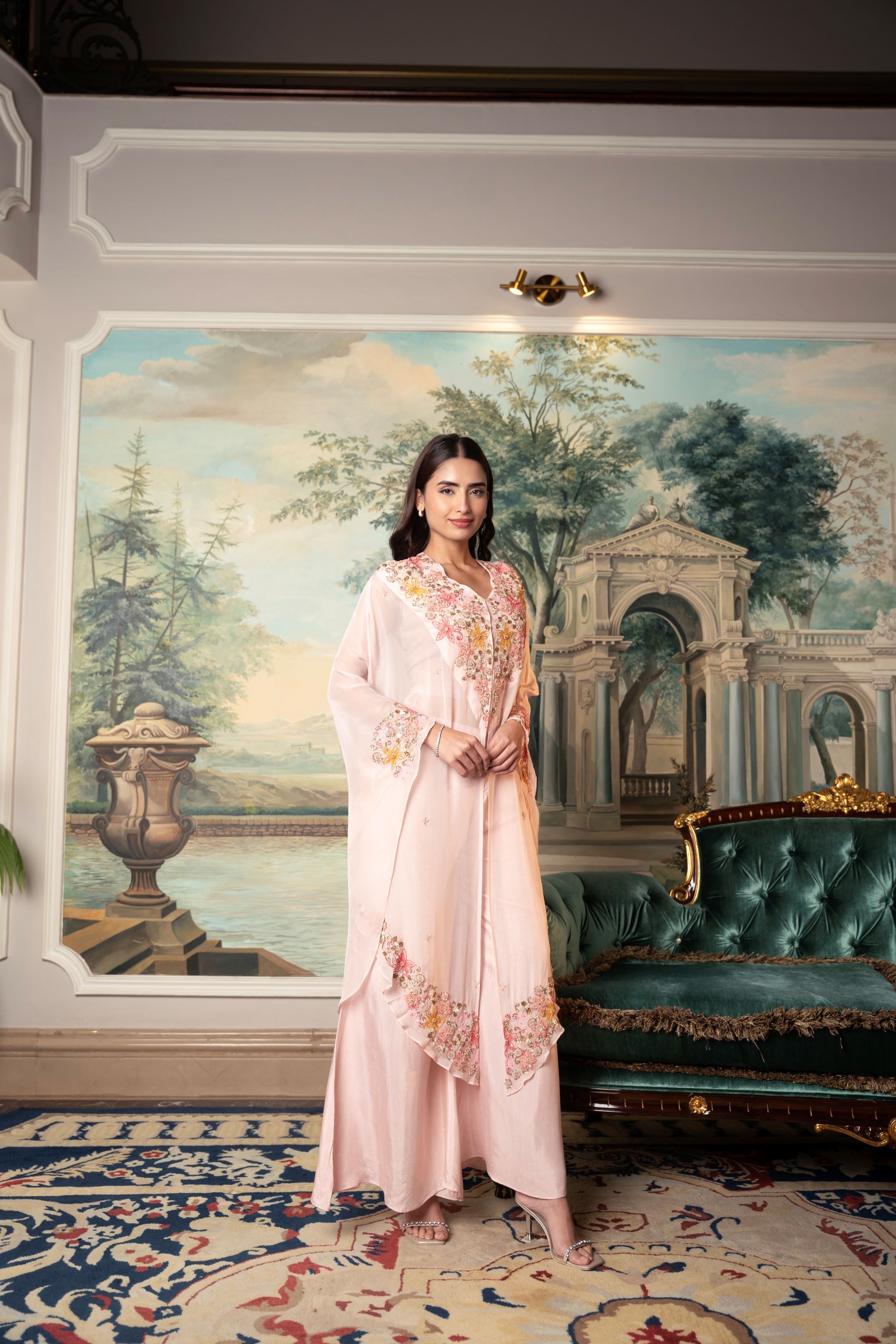 Pink Embroidered Organza Silk Kaftan Set