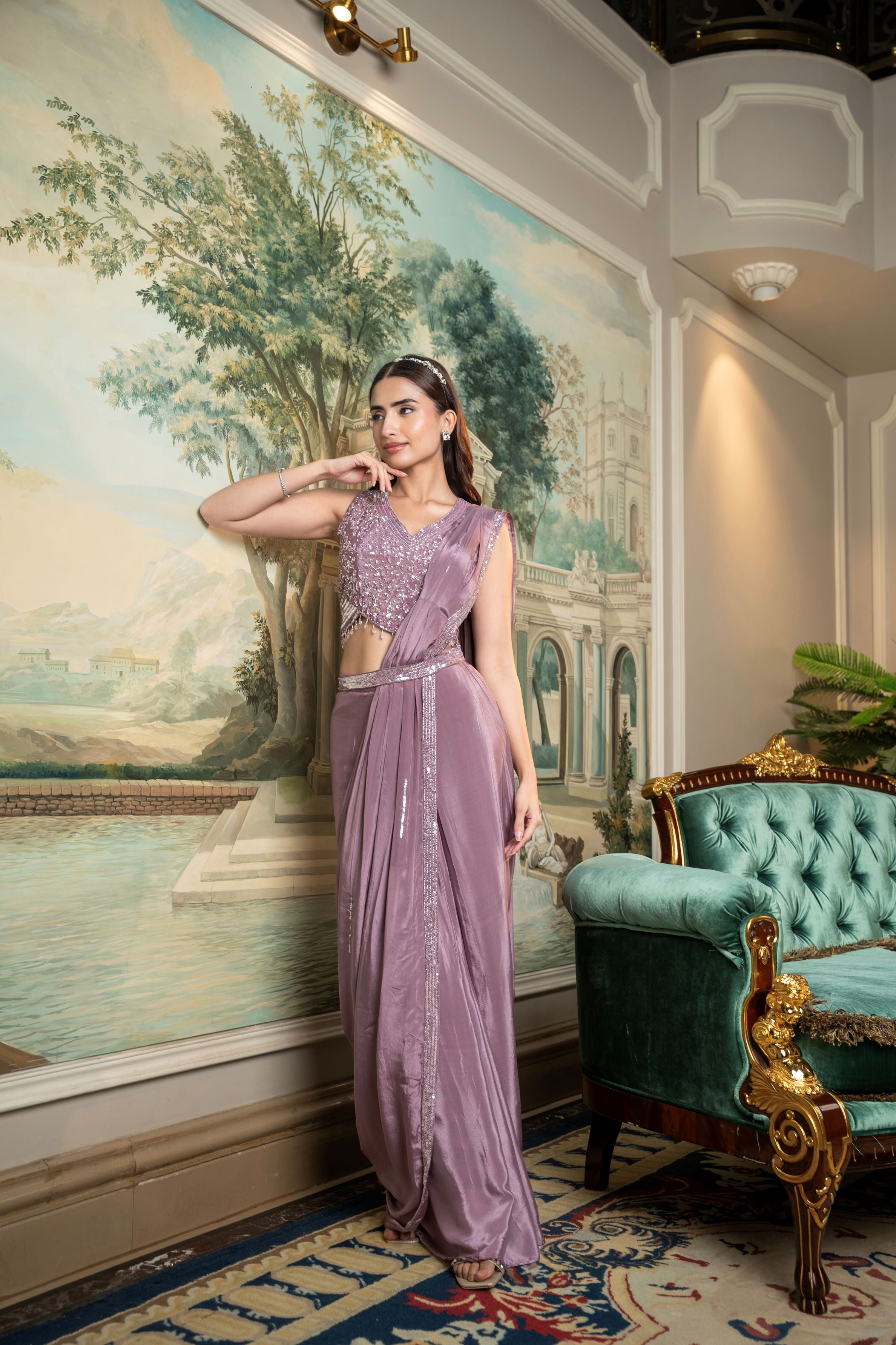 Dusty Mauve Embellished Crepe Silk Draped Saree