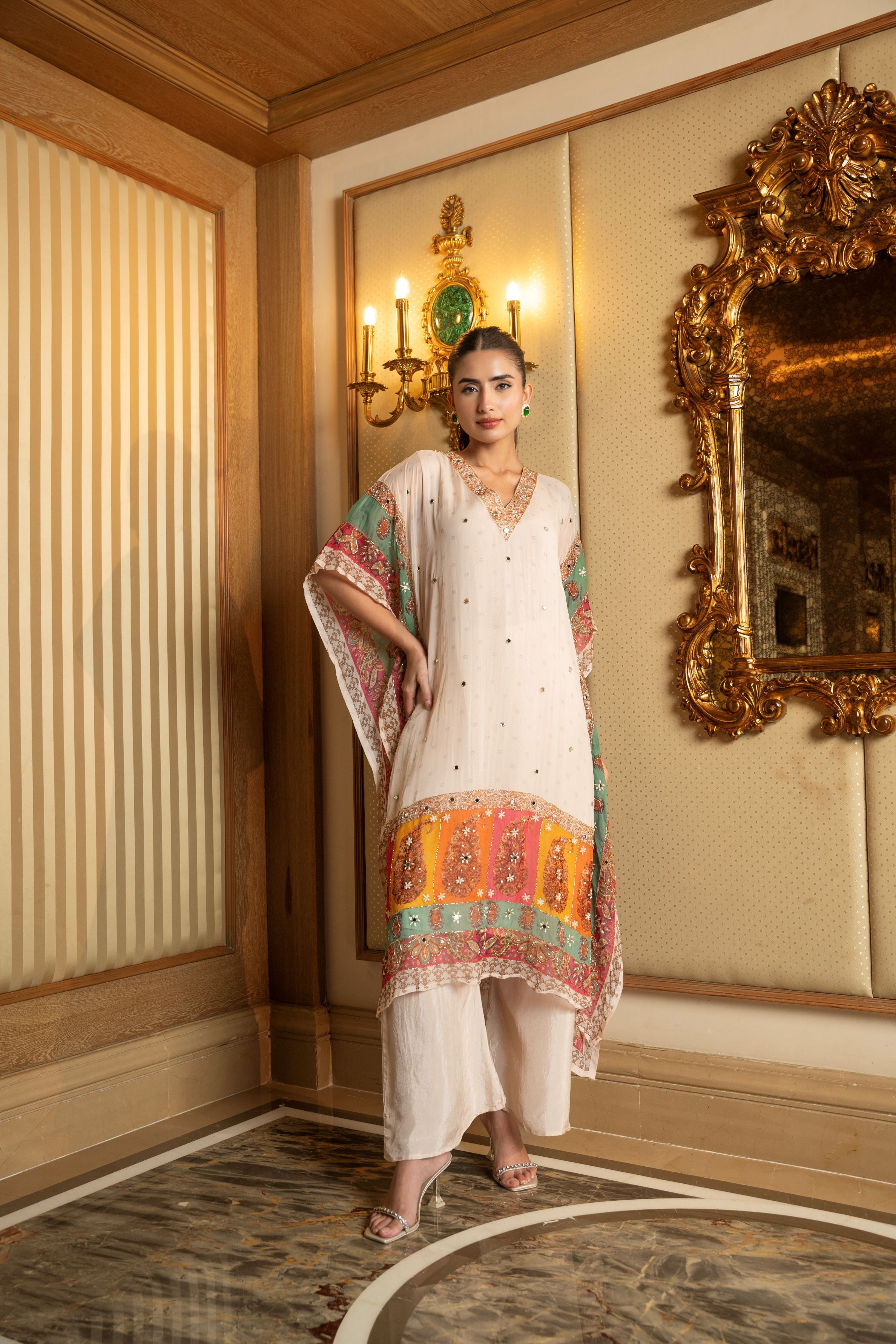 Pastel Beige Ethnic Printed Organza Silk Kaftan Set