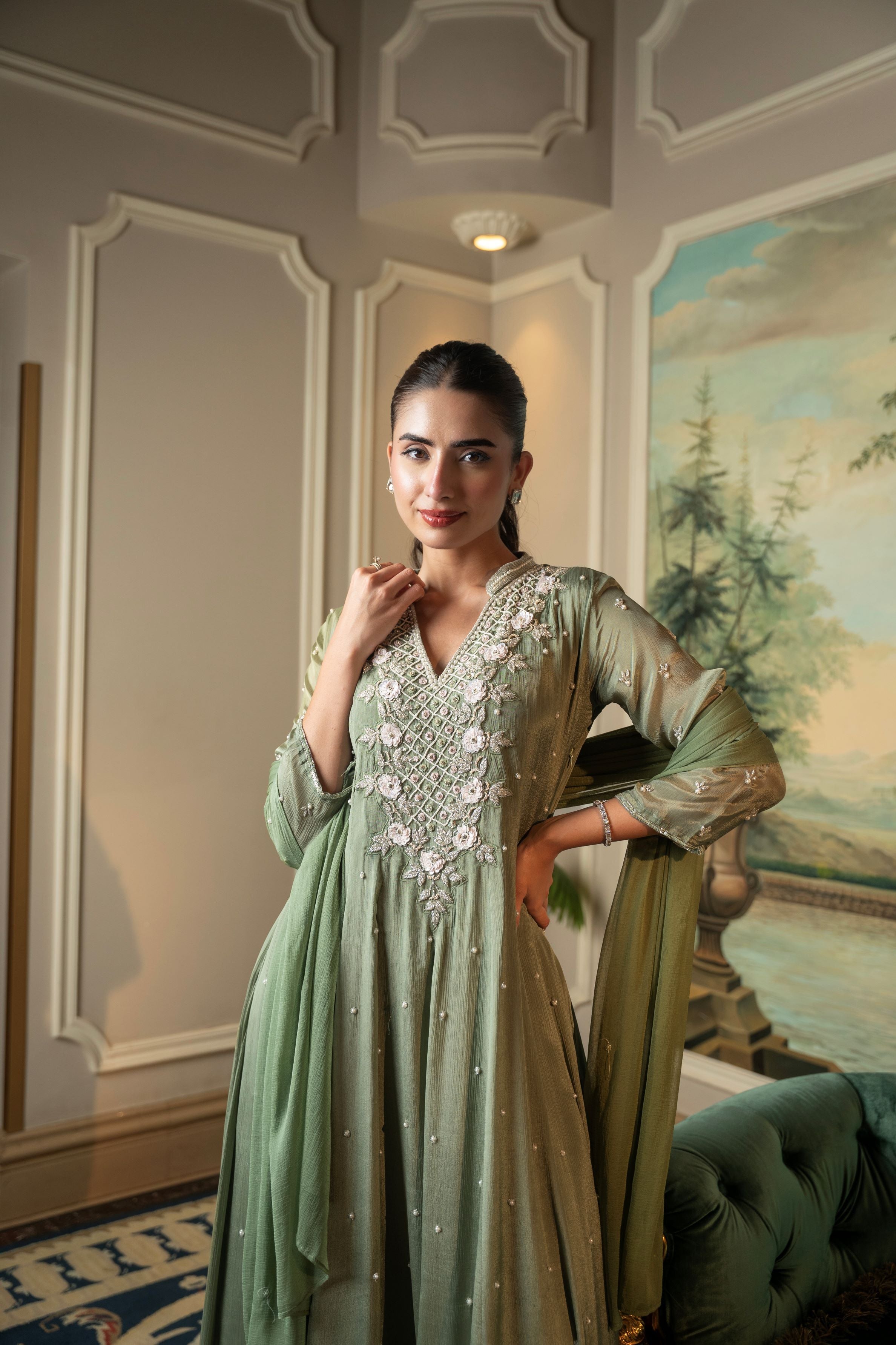 Light Green Embellished Chinon Silk Anarkali Set