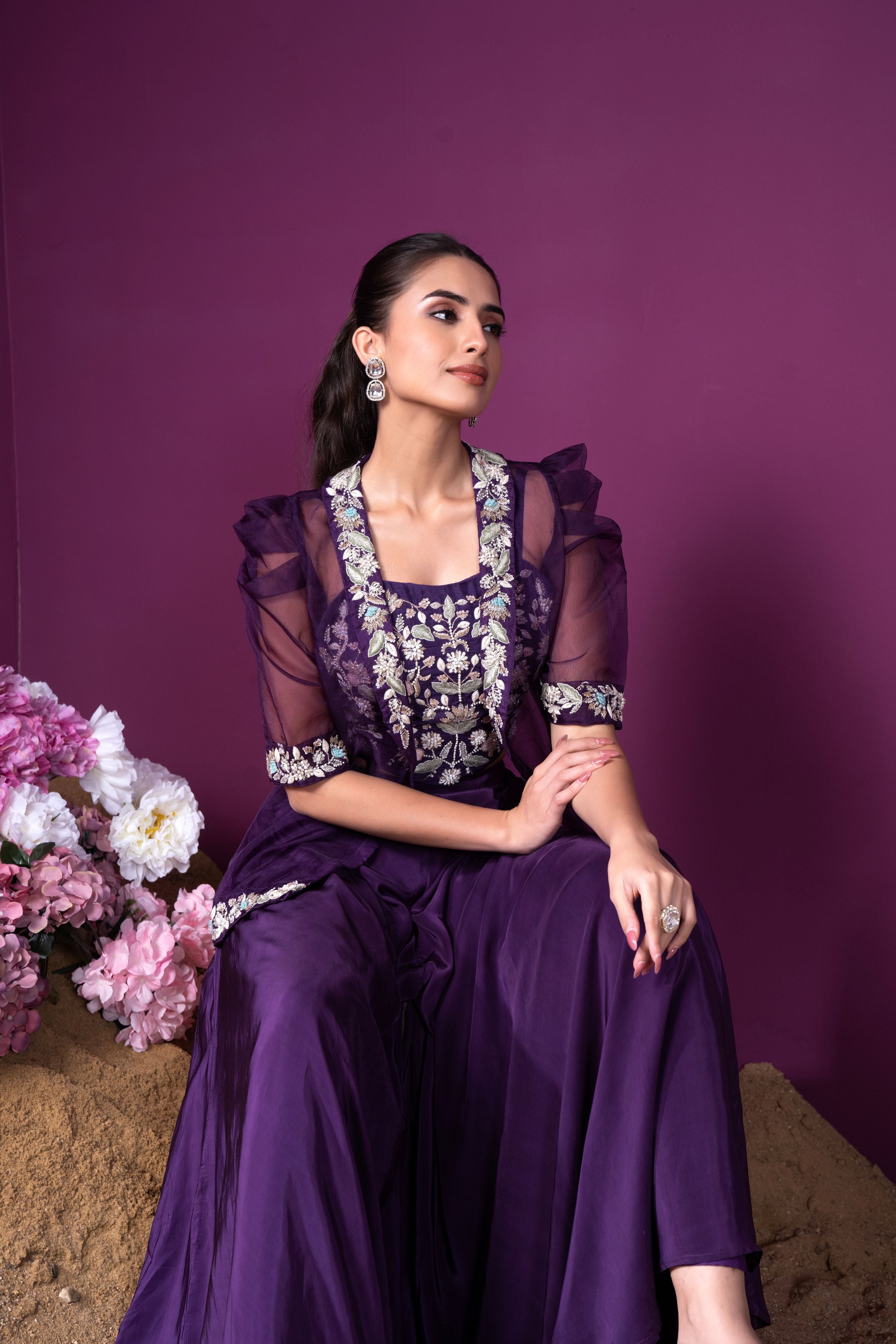 Purple Embellished Premium Organza Silk Cape Set