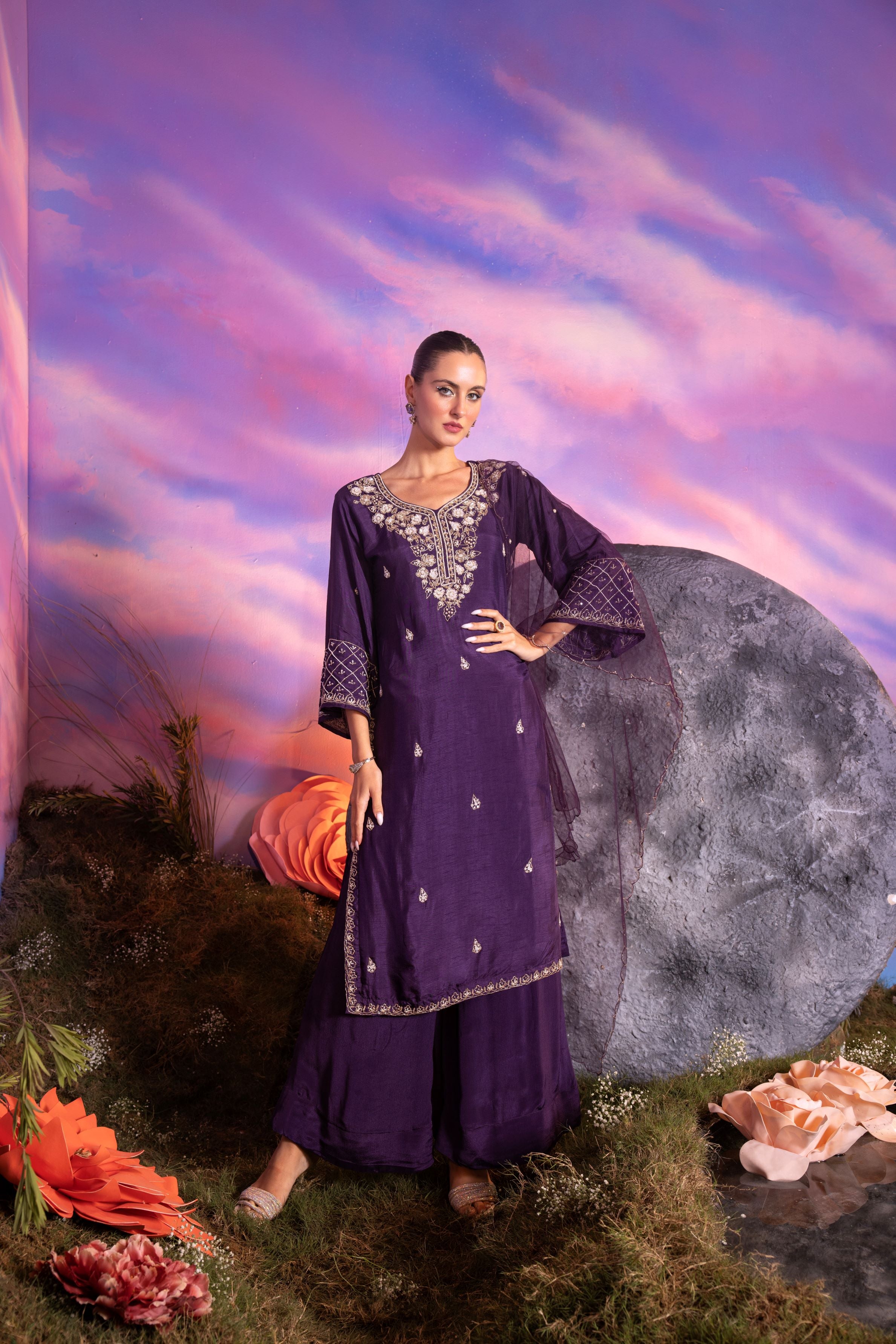 Purple Embellished Raw Silk Palazzo Set